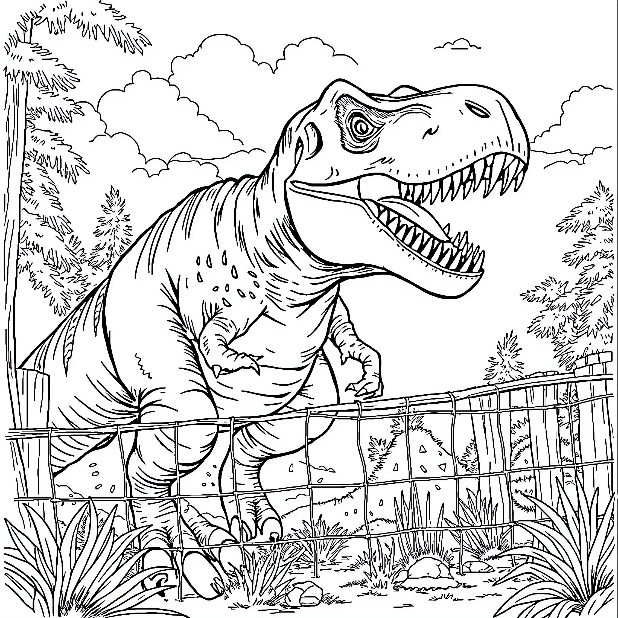 Tyrannosaurus ferociously roaming in the prehistoric landscape Coloring Page (free black-and-white line drawing printable PDF for all, from beginners to advanced learners, including children, teens, adults, and seniors)