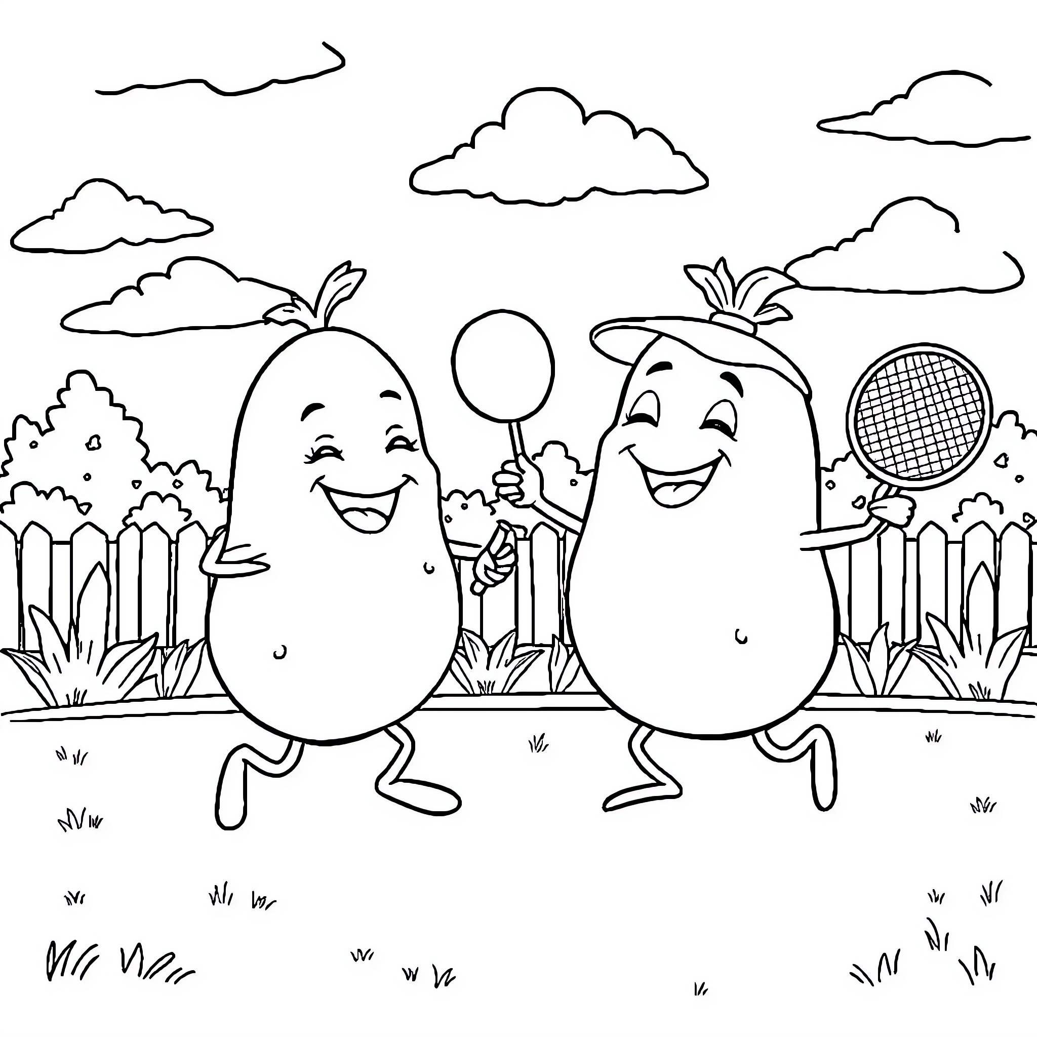 Potato friends having fun outdoors Coloring Page (free black-and-white line drawing printable PDF for all, from beginners to advanced learners, including children, teens, adults, and seniors)