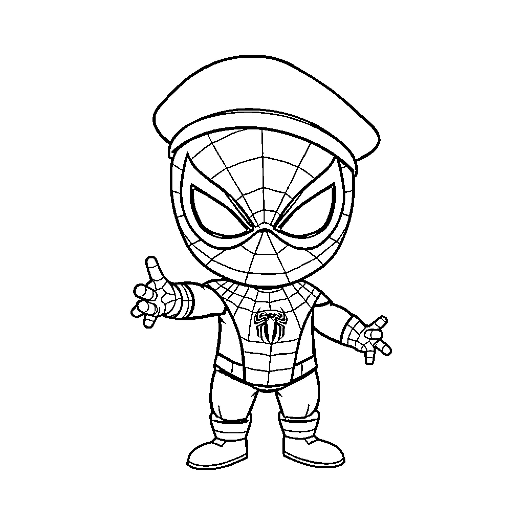 Mini Spiderman in heroic pose Coloring Page (free black-and-white line drawing printable PDF for all, from beginners to advanced learners, including children, teens, adults, and seniors)