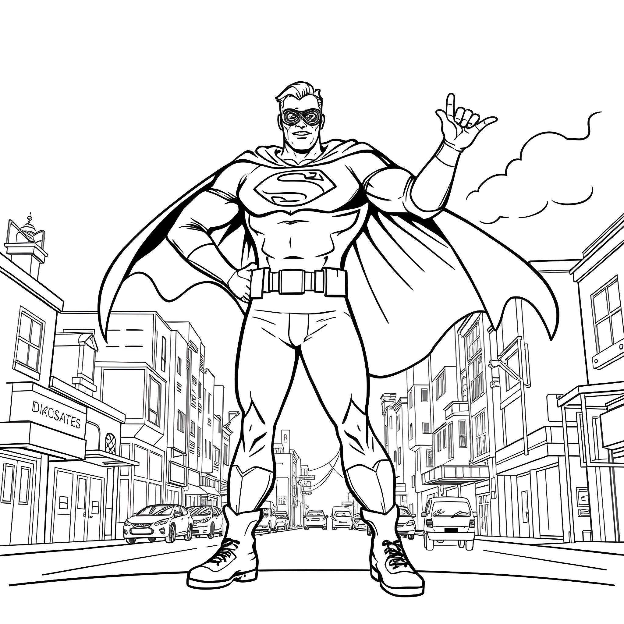 Dad Superhero in the City Coloring Page (free black-and-white line drawing printable PDF for all, from beginners to advanced learners, including children, teens, adults, and seniors)