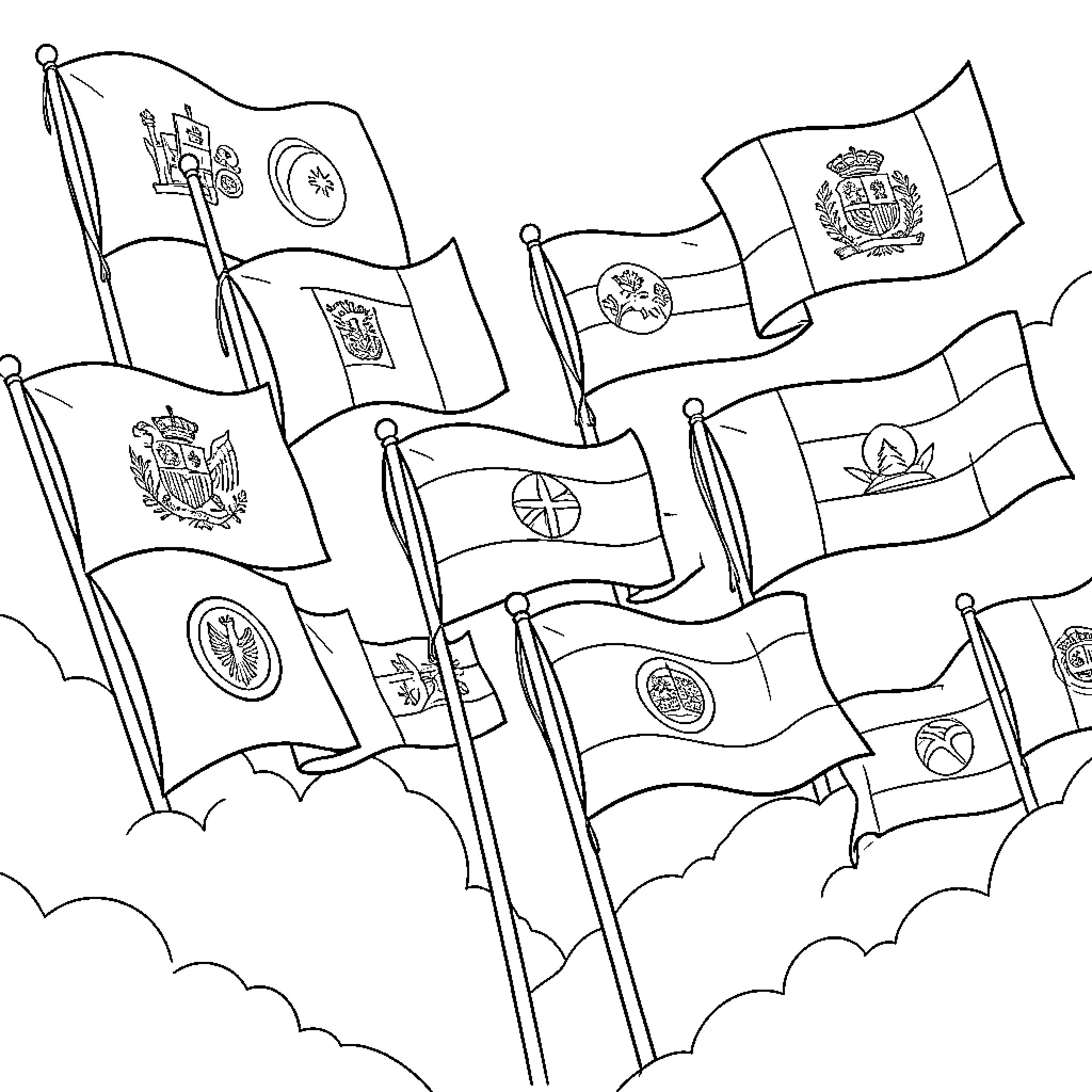 Flag of nations waving in the clouds Coloring Page (free black-and-white line drawing printable PDF for all, from beginners to advanced learners, including children, teens, adults, and seniors)