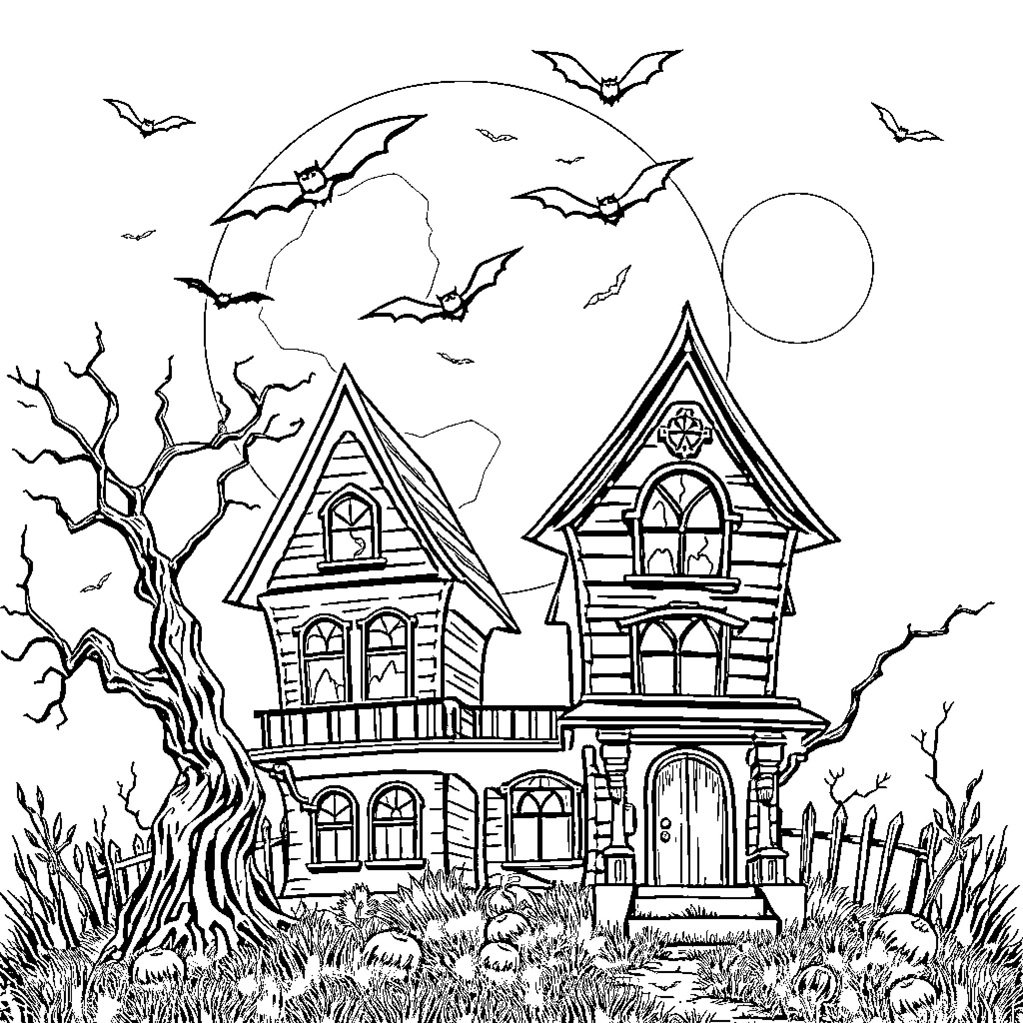 Haunted House with Bats and Creepy Atmosphere Coloring Page (free black-and-white line drawing printable PDF for all, from beginners to advanced learners, including children, teens, adults, and seniors)