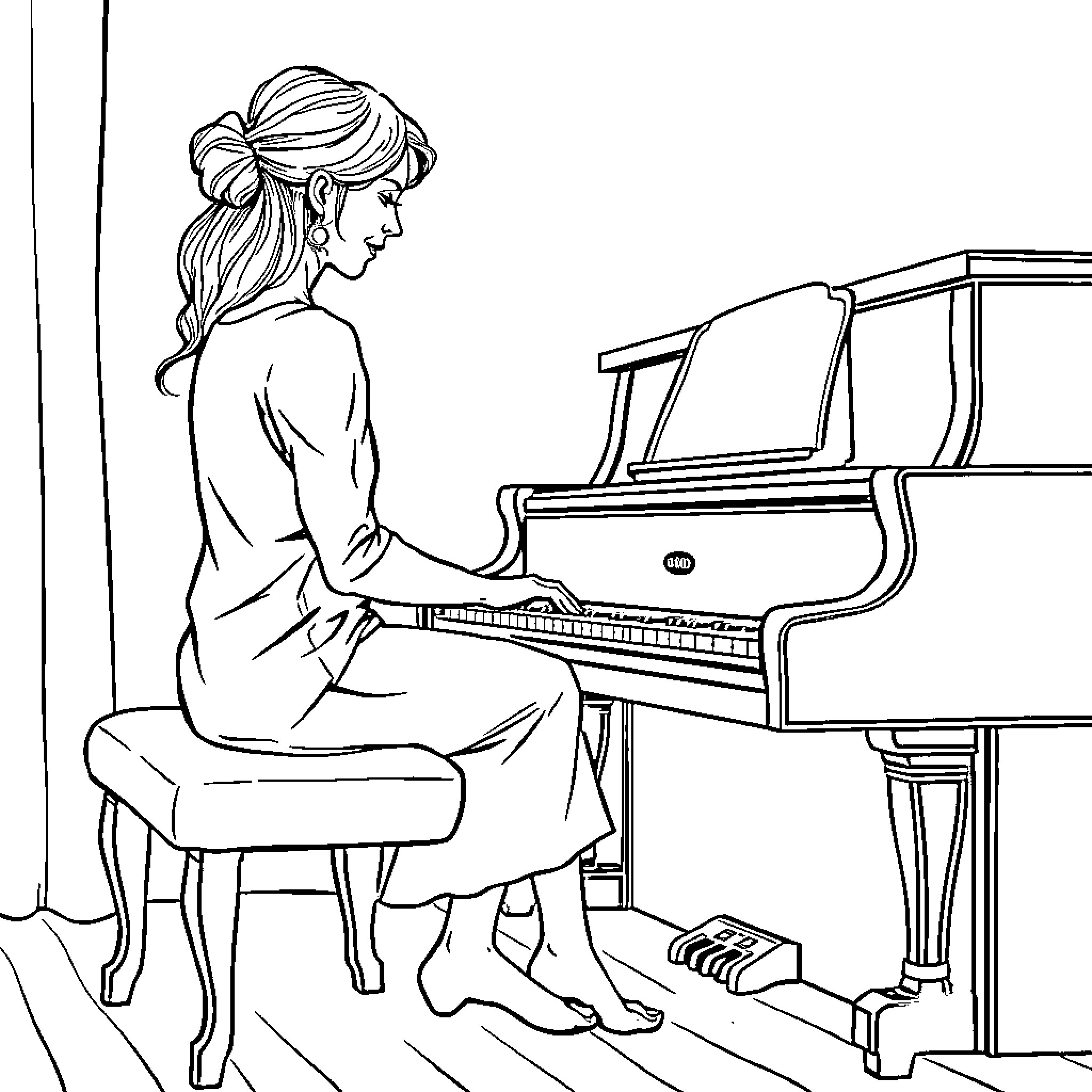 Mom playing the piano with grace Coloring Page (free black-and-white line drawing printable PDF for all, from beginners to advanced learners, including children, teens, adults, and seniors)