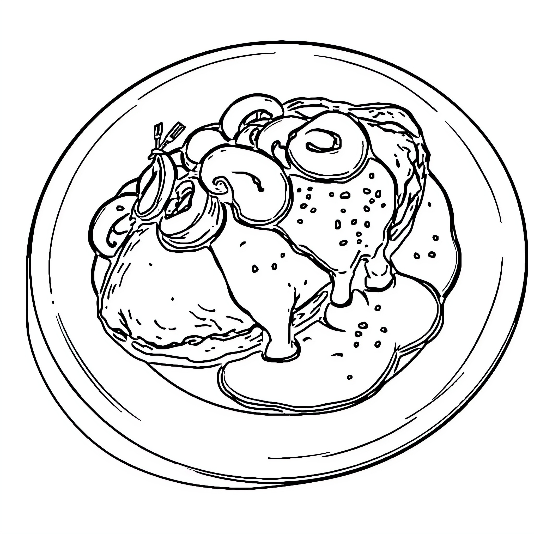 Chicken dish with assorted ingredients Coloring Page (free black-and-white line drawing printable PDF for all, from beginners to advanced learners, including children, teens, adults, and seniors)