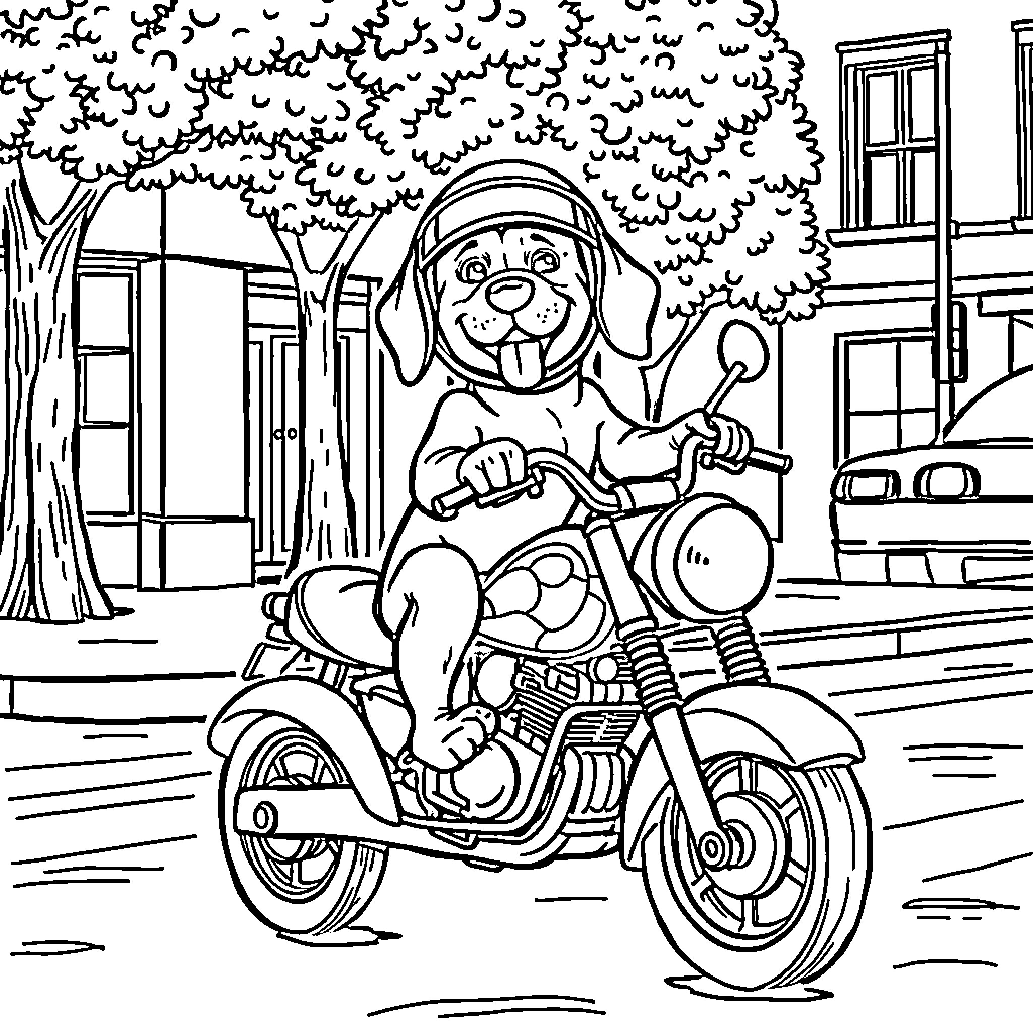 Beagle riding a motorcycle on the street Coloring Page (free black-and-white line drawing printable PDF for all, from beginners to advanced learners, including children, teens, adults, and seniors)