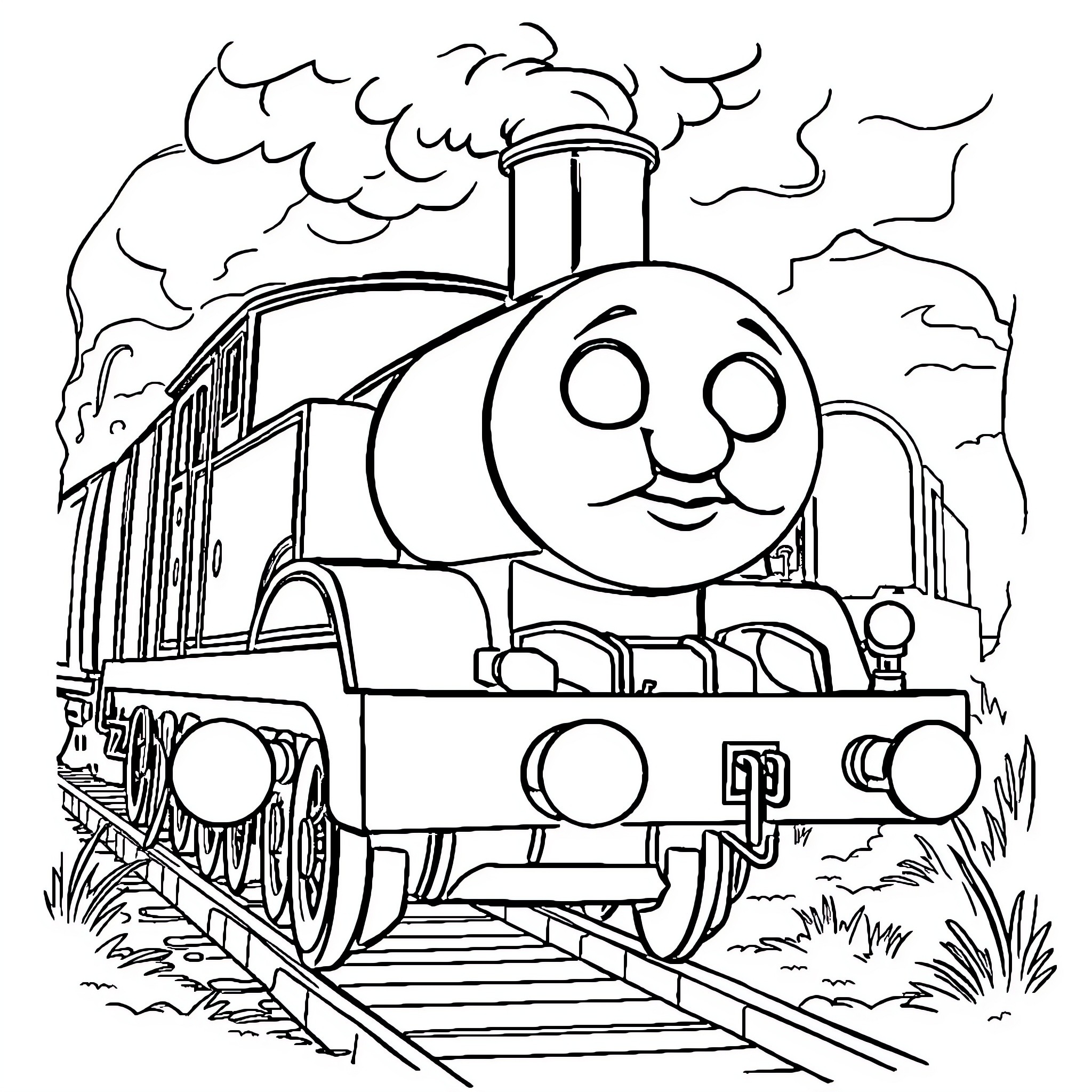Thomas Train Happily Chugging on Railway Coloring Page (free black-and-white line drawing printable PDF for all, from beginners to advanced learners, including children, teens, adults, and seniors)