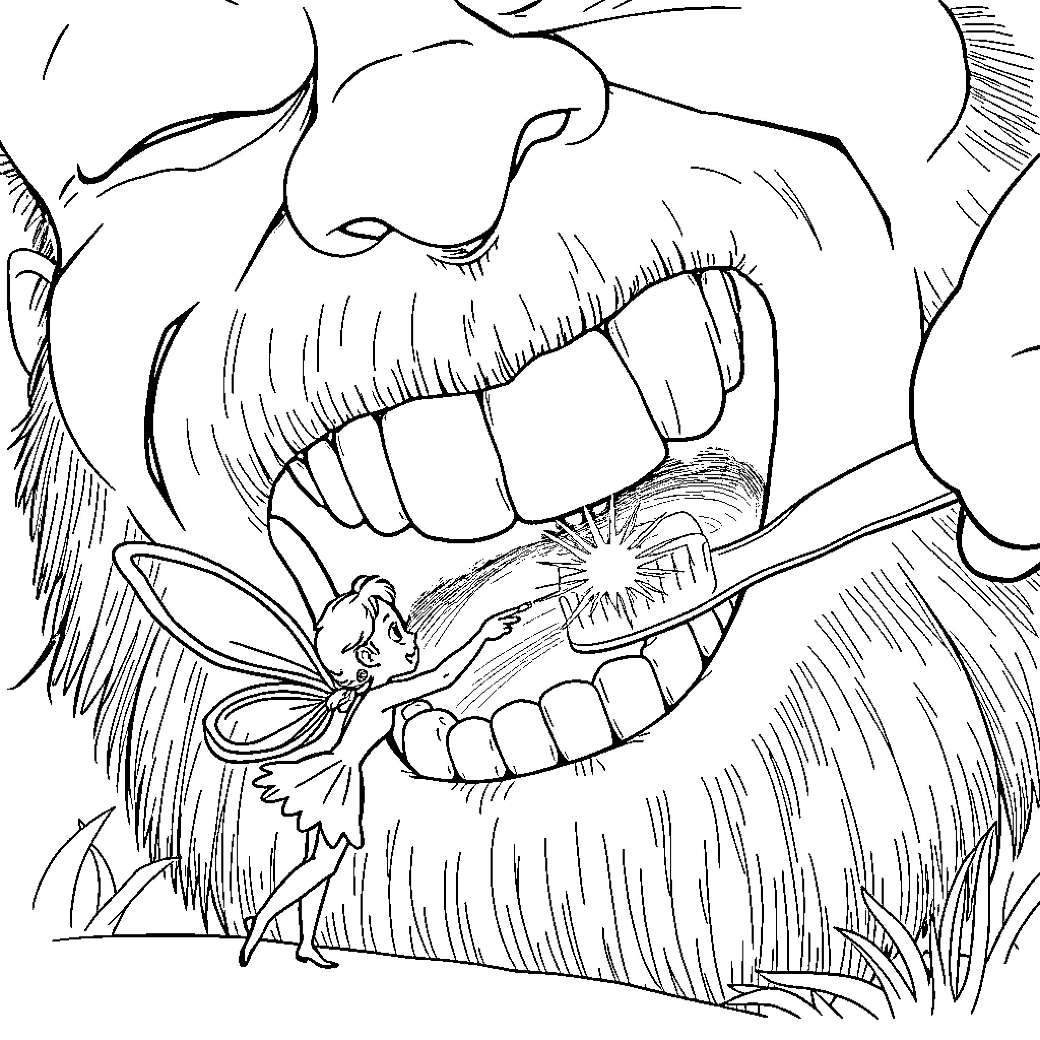 Fairy battling a fierce creature in the wild Coloring Page (free black-and-white line drawing printable PDF for all, from beginners to advanced learners, including children, teens, adults, and seniors)