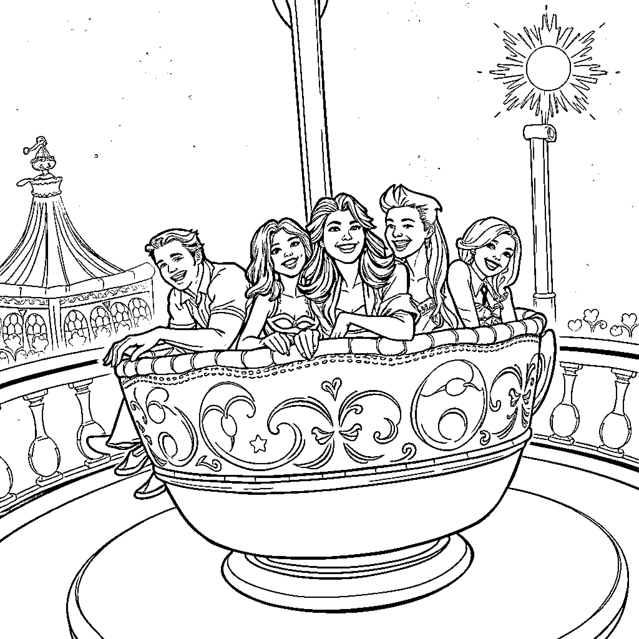 Vampire friends enjoying a carnival ride Coloring Page (free black-and-white line drawing printable PDF for all, from beginners to advanced learners, including children, teens, adults, and seniors)