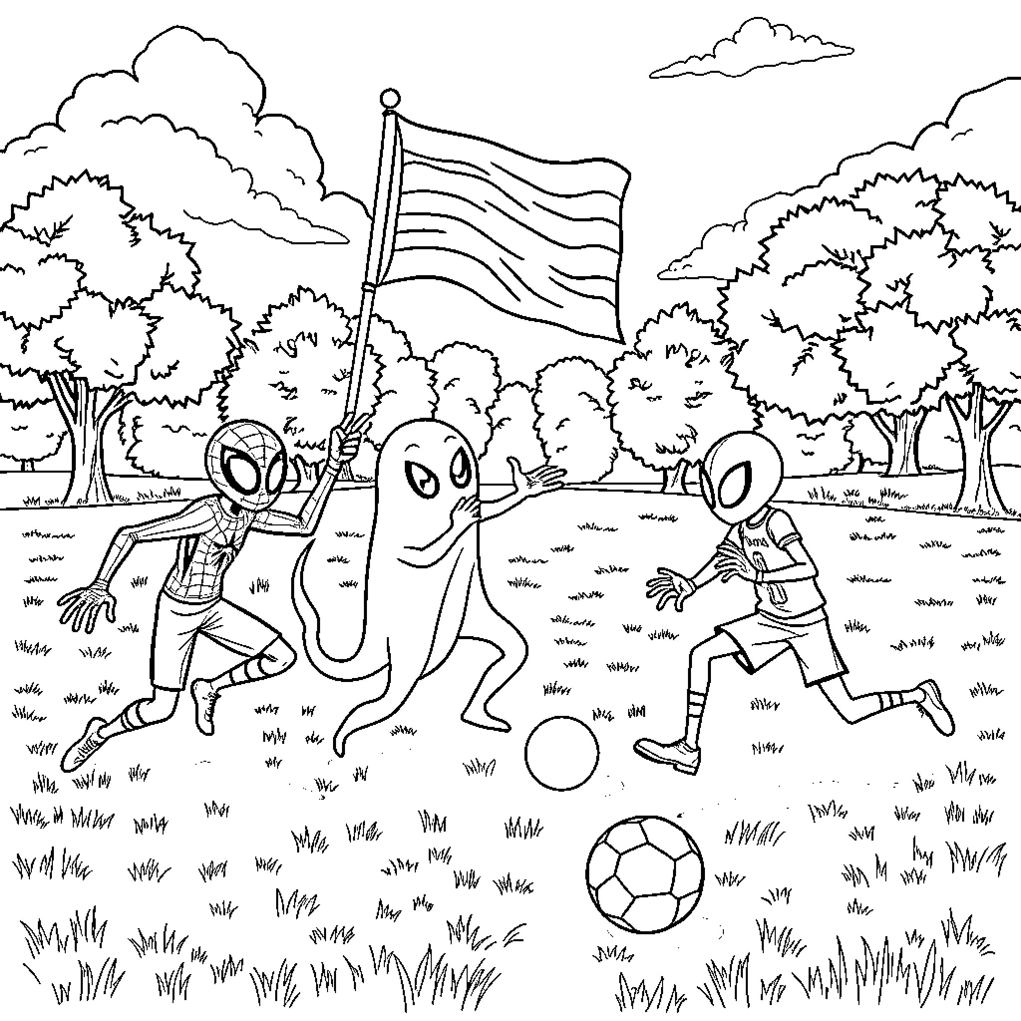 Spider-Aliens playing soccer in a forest field Coloring Page (free black-and-white line drawing printable PDF for all, from beginners to advanced learners, including children, teens, adults, and seniors)