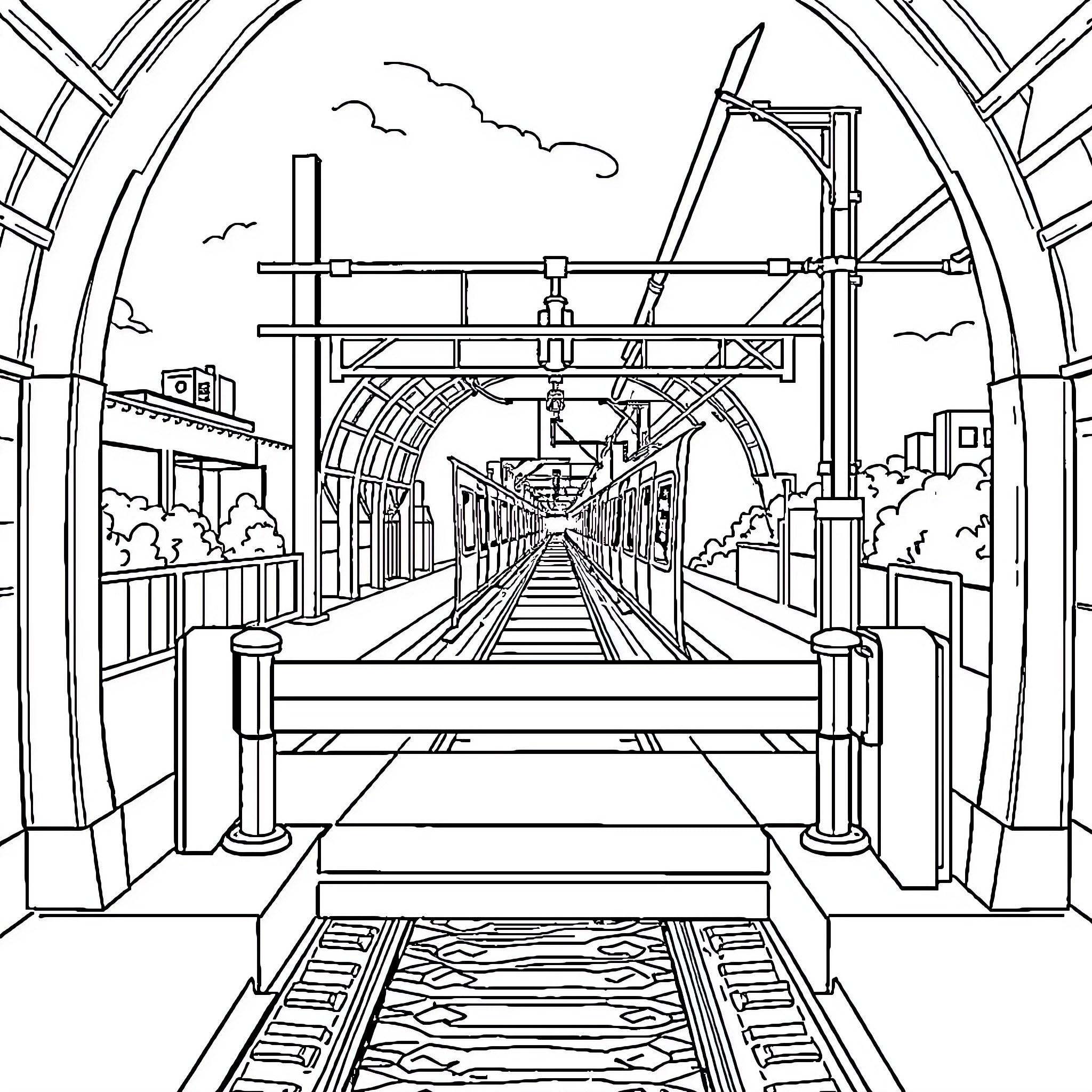 Train Station Platform with Architectural Details Coloring Page (free black-and-white line drawing printable PDF for all, from beginners to advanced learners, including children, teens, adults, and seniors)