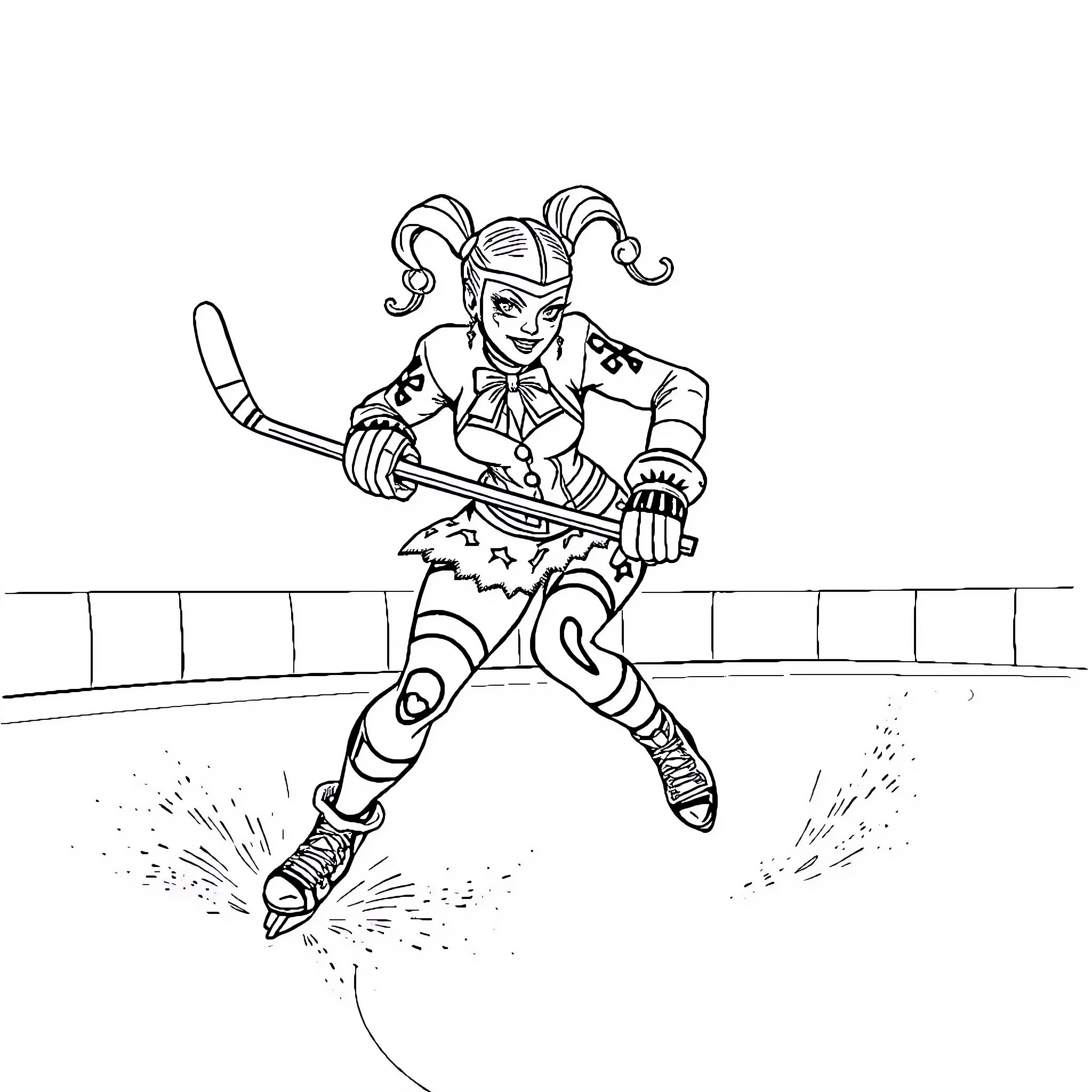 Harley Quinn in action-packed roller skating scene Coloring Page (free black-and-white line drawing printable PDF for all, from beginners to advanced learners, including children, teens, adults, and seniors)