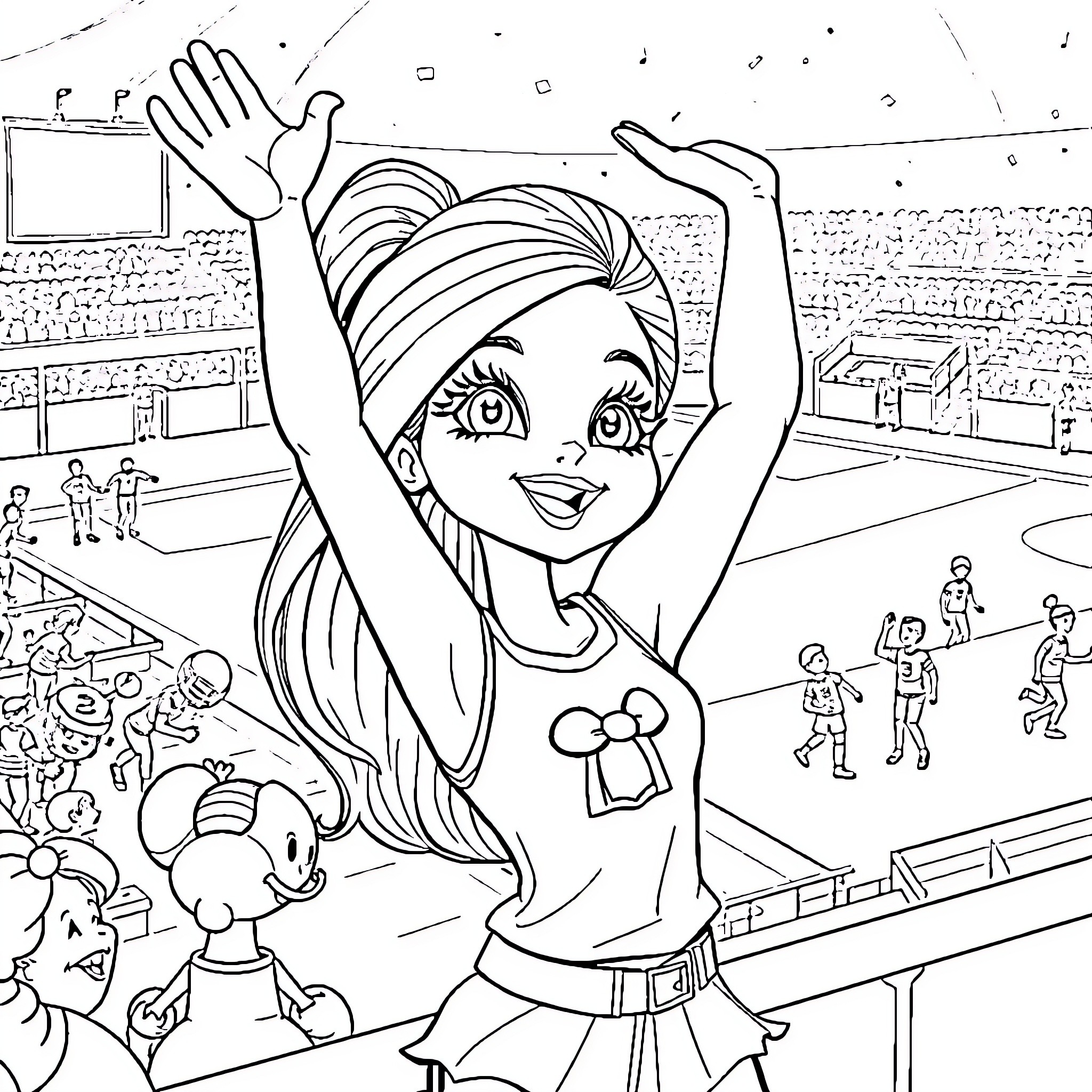 Bratz Girl Expressing Joy and Excitement in the Arena Coloring Page (free black-and-white line drawing printable PDF for all, from beginners to advanced learners, including children, teens, adults, and seniors)