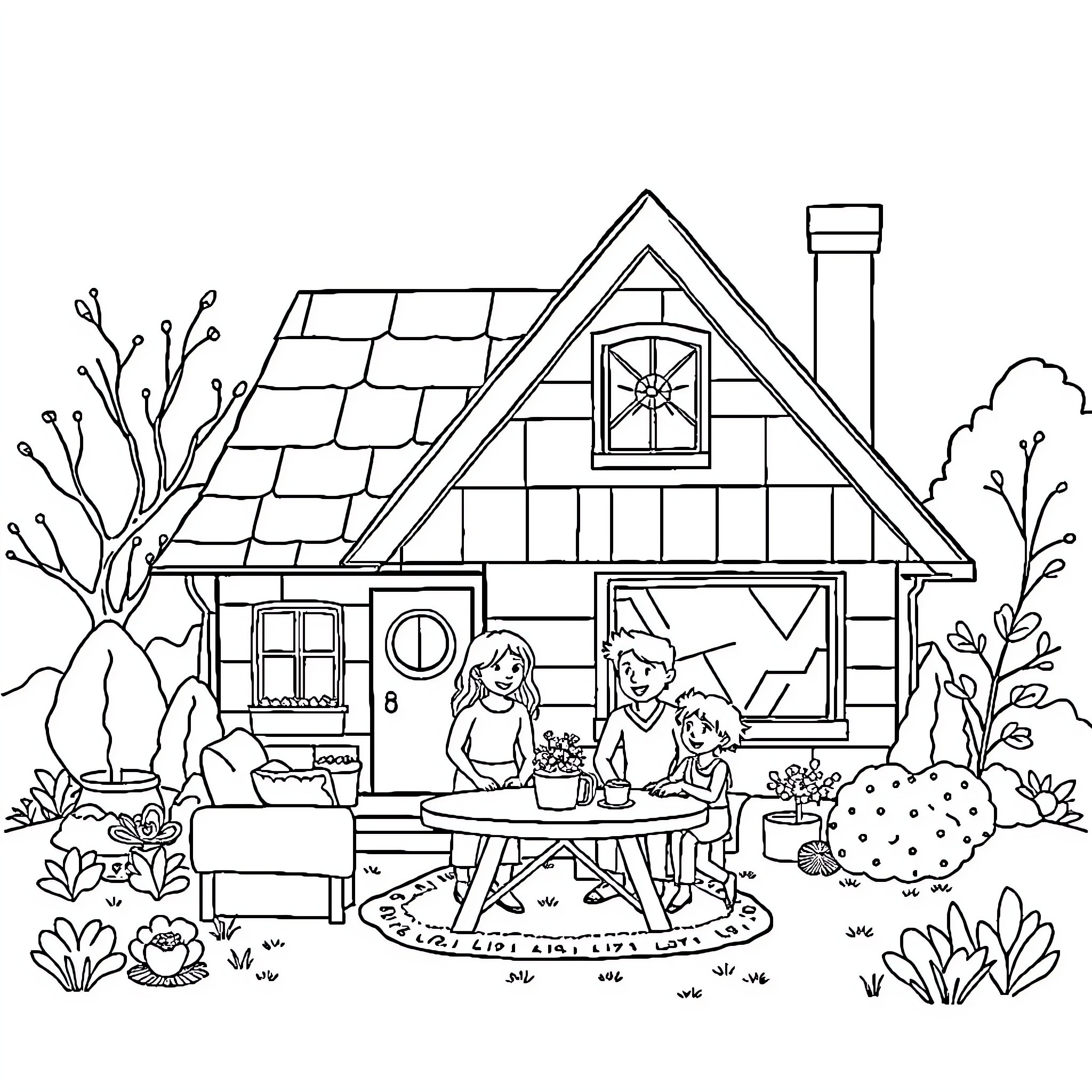 House with Family Enjoying Outdoor Picnic Coloring Page (free black-and-white line drawing printable PDF for all, from beginners to advanced learners, including children, teens, adults, and seniors)