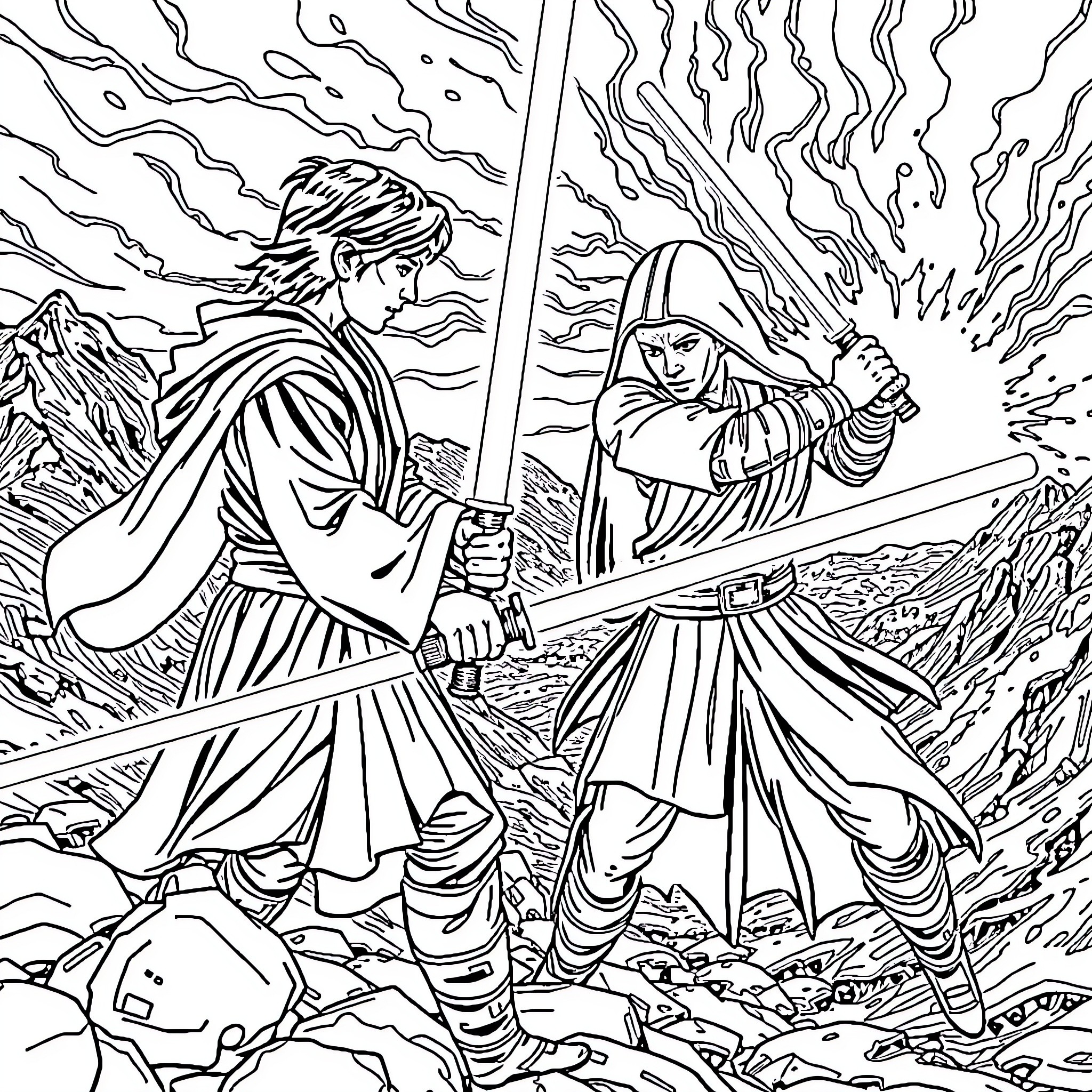 Anakin and Obi-Wan engaged in fierce lightsaber duel Coloring Page (free black-and-white line drawing printable PDF for all, from beginners to advanced learners, including children, teens, adults, and seniors)