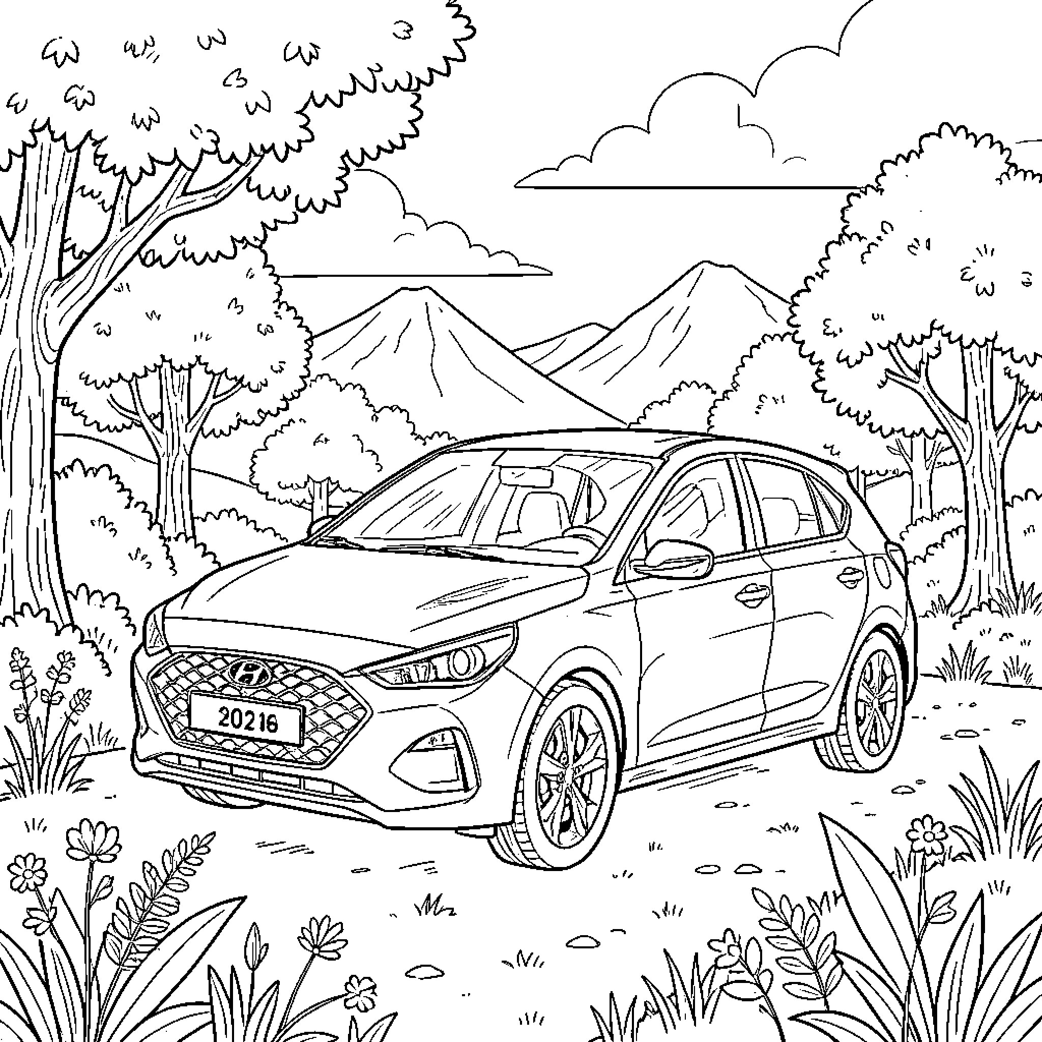 Hyundai i30 parked in a scenic mountain landscape Coloring Page (free black-and-white line drawing printable PDF for all, from beginners to advanced learners, including children, teens, adults, and seniors)