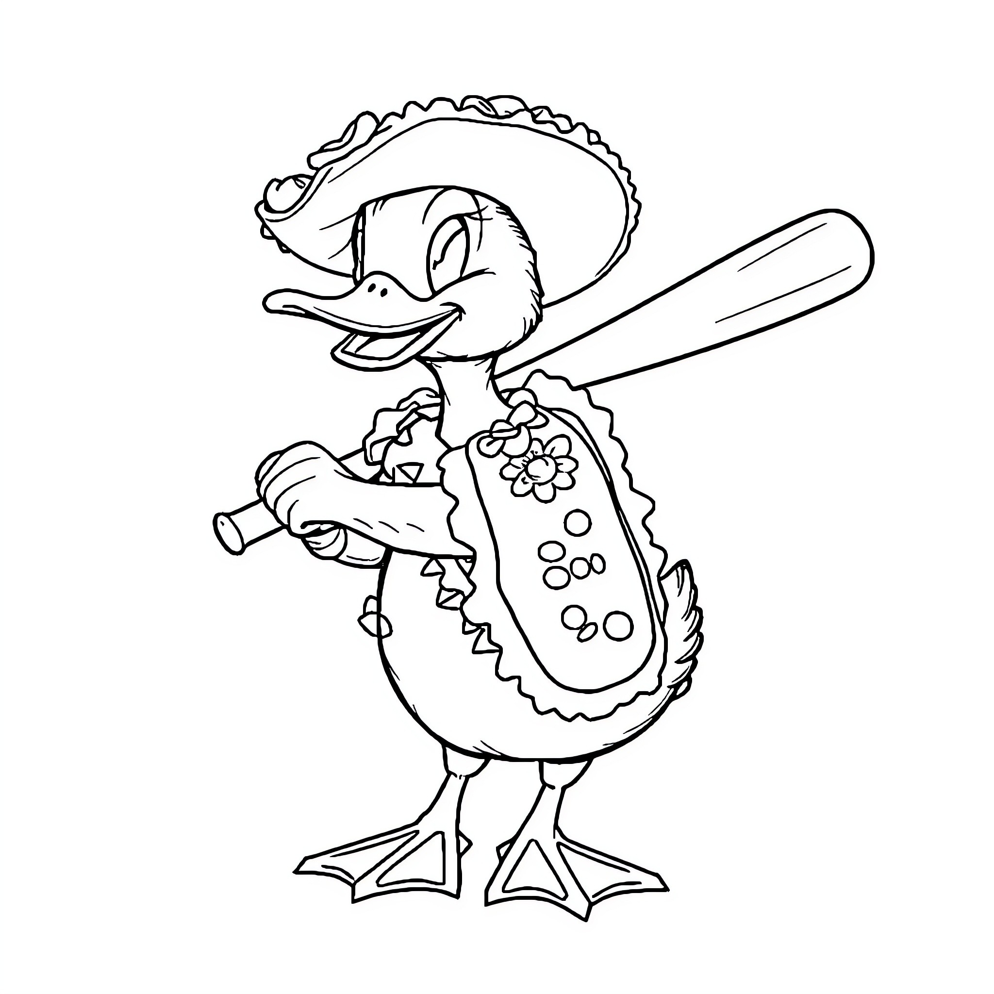 Duck wearing Mexican-style attire Coloring Page (free black-and-white line drawing printable PDF for all, from beginners to advanced learners, including children, teens, adults, and seniors)
