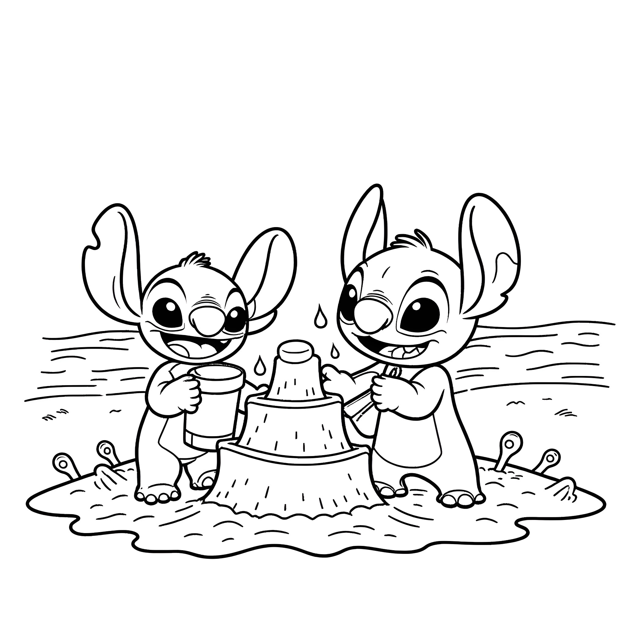 Bluey and Stitch building a sandcastle at the beach Coloring Page (free black-and-white line drawing printable PDF for all, from beginners to advanced learners, including children, teens, adults, and seniors)