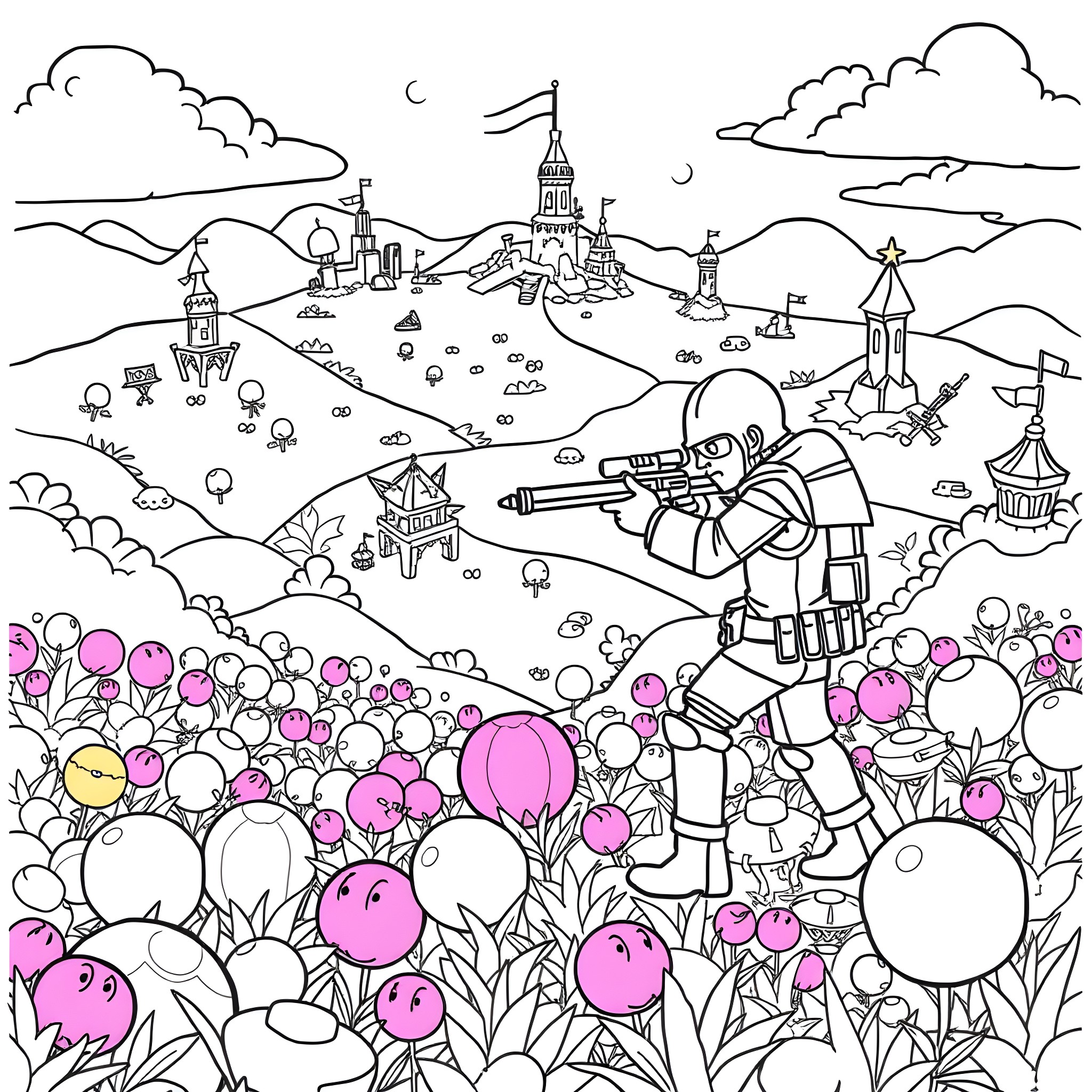 Dartling Gunner defending whimsical fantasy landscape Coloring Page (free black-and-white line drawing printable PDF for all, from beginners to advanced learners, including children, teens, adults, and seniors)