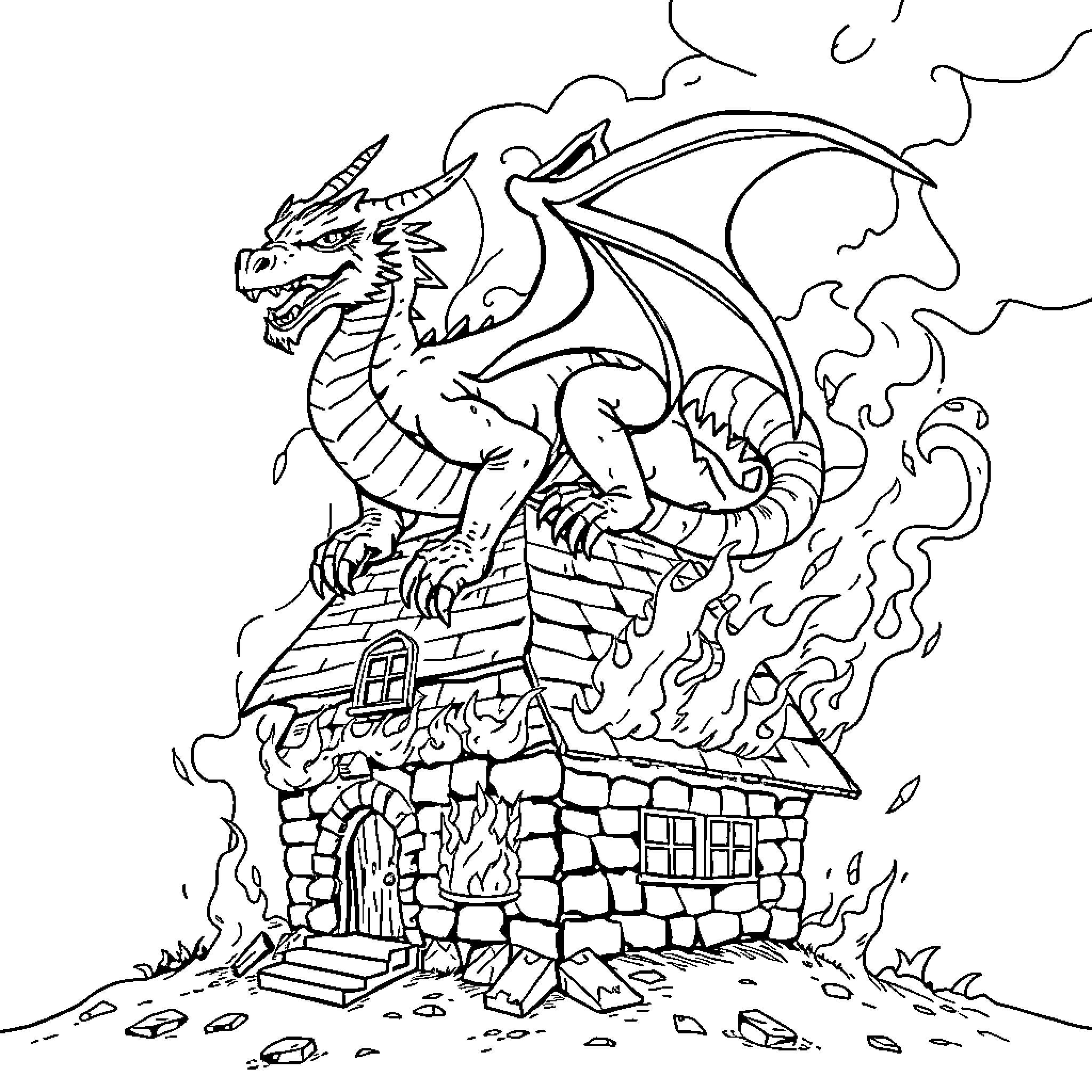 Dragon Guarding Fiery Castle on the Mountainside Coloring Page (free black-and-white line drawing printable PDF for all, from beginners to advanced learners, including children, teens, adults, and seniors)