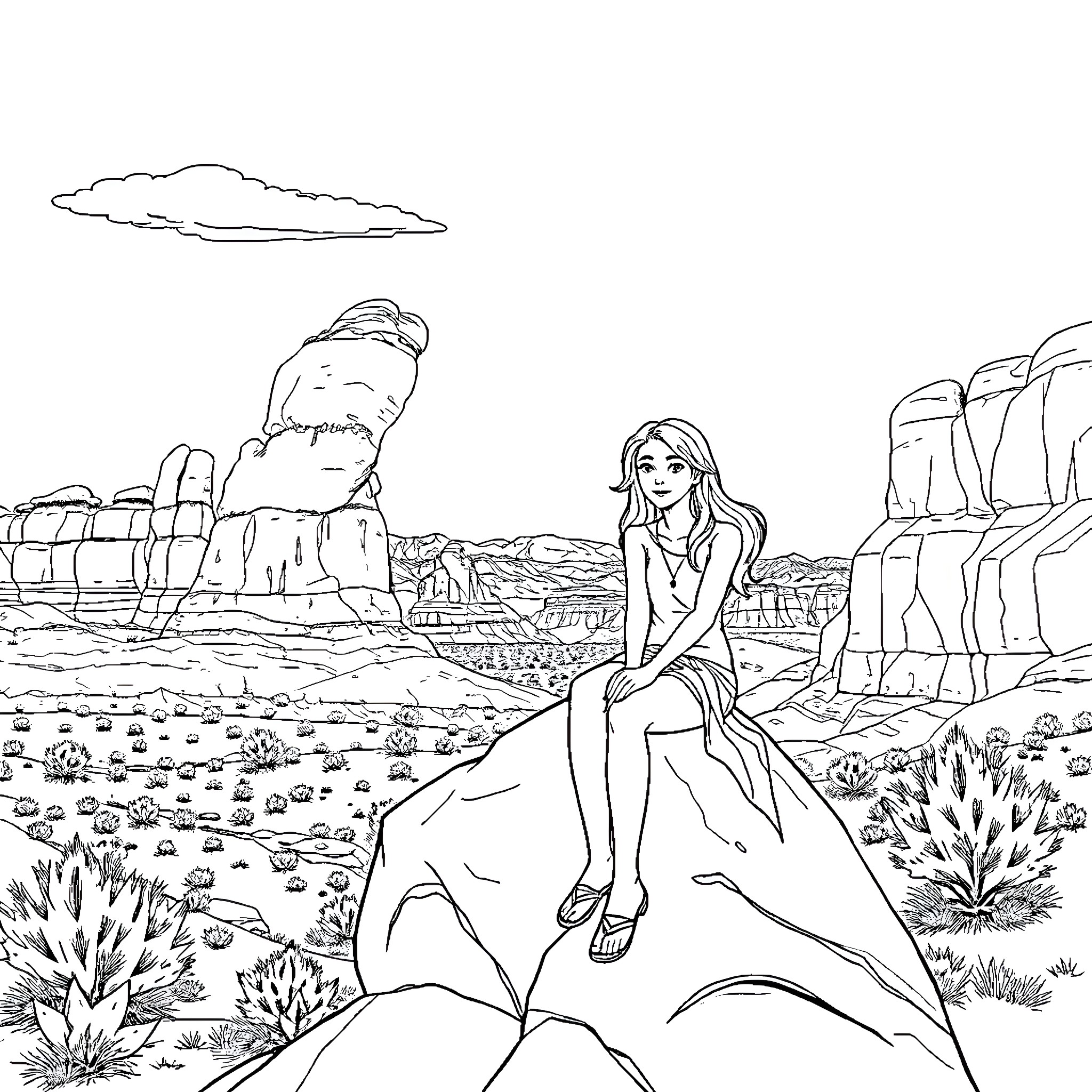 Ayrin enjoying the desert scenery Coloring Page (free black-and-white line drawing printable PDF for all, from beginners to advanced learners, including children, teens, adults, and seniors)