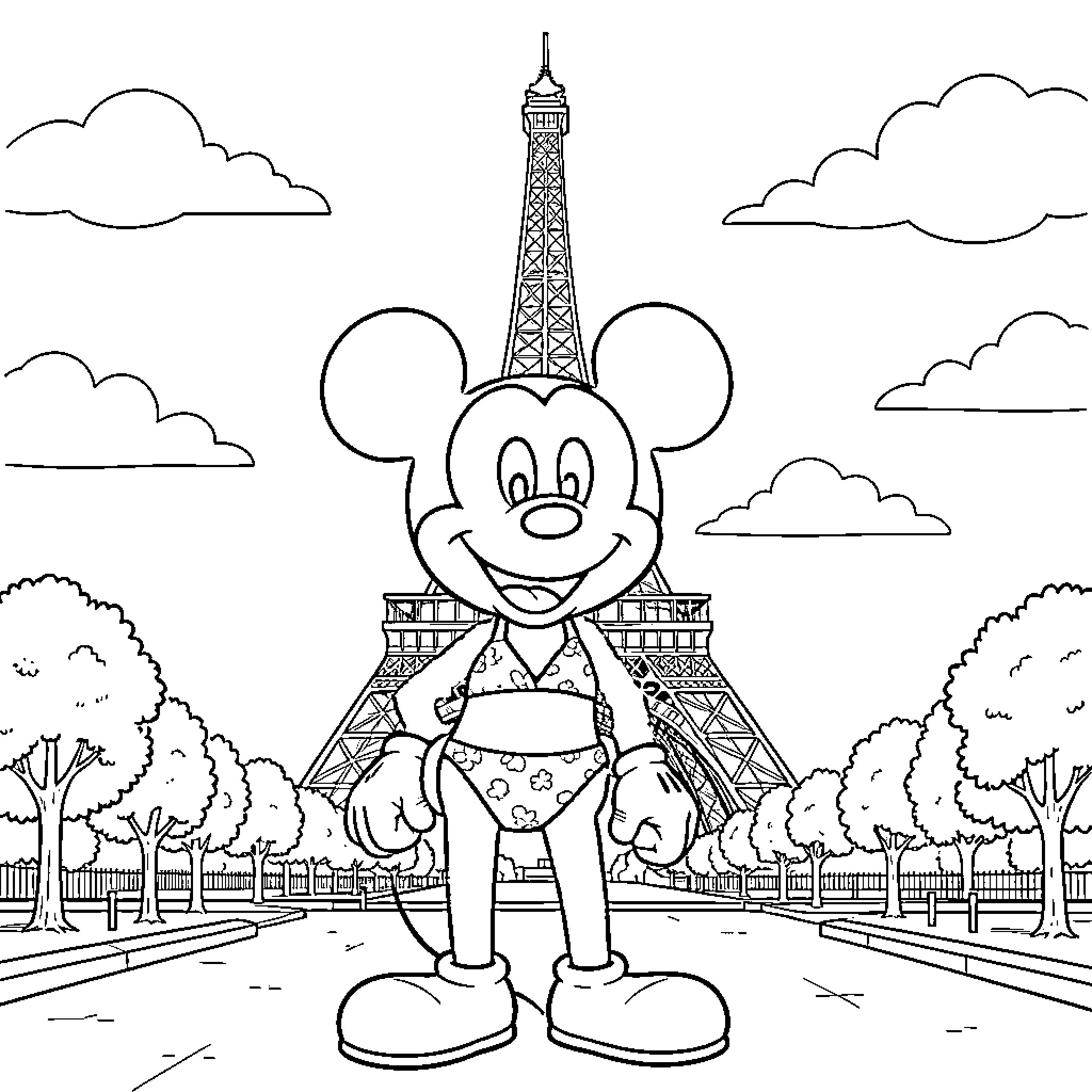 Mickey Mouse smiling standing in front of Eiffel Tower Coloring Page (free black-and-white line drawing printable PDF for all, from beginners to advanced learners, including children, teens, adults, and seniors)
