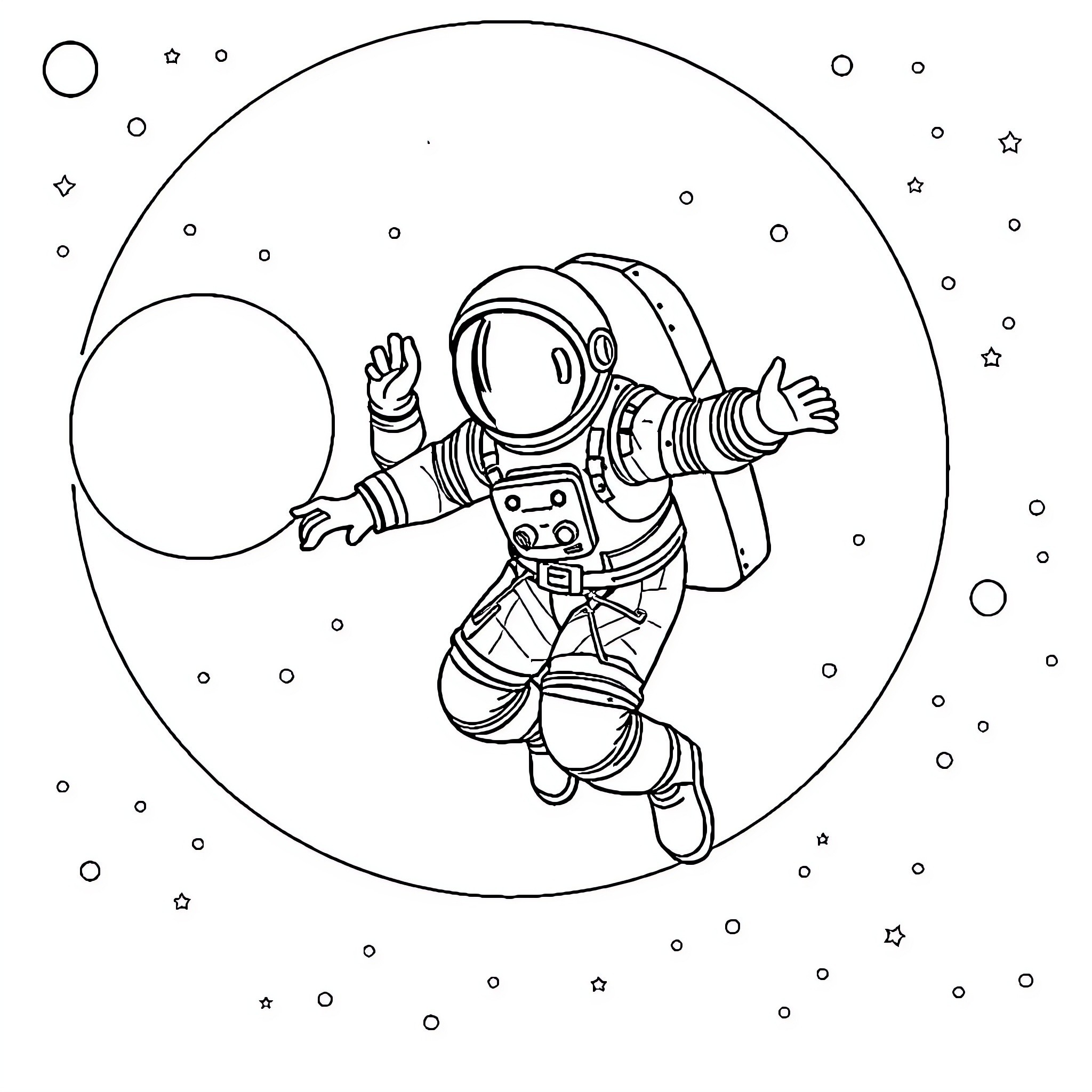 Astronaut exploring the vast expanse of space Coloring Page (free black-and-white line drawing printable PDF for all, from beginners to advanced learners, including children, teens, adults, and seniors)