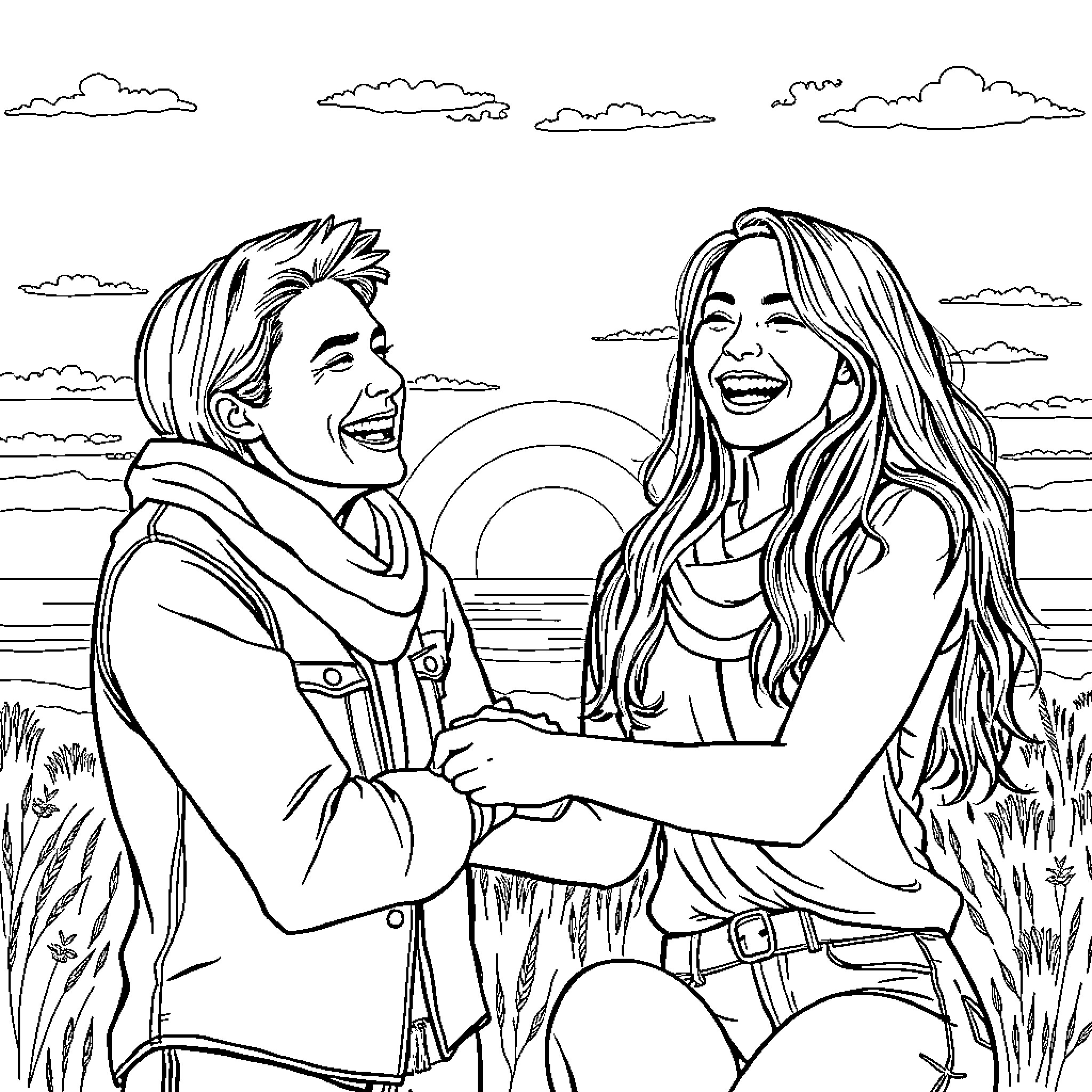 Moment of friendship and laughter by the beach Coloring Page (free black-and-white line drawing printable PDF for all, from beginners to advanced learners, including children, teens, adults, and seniors)