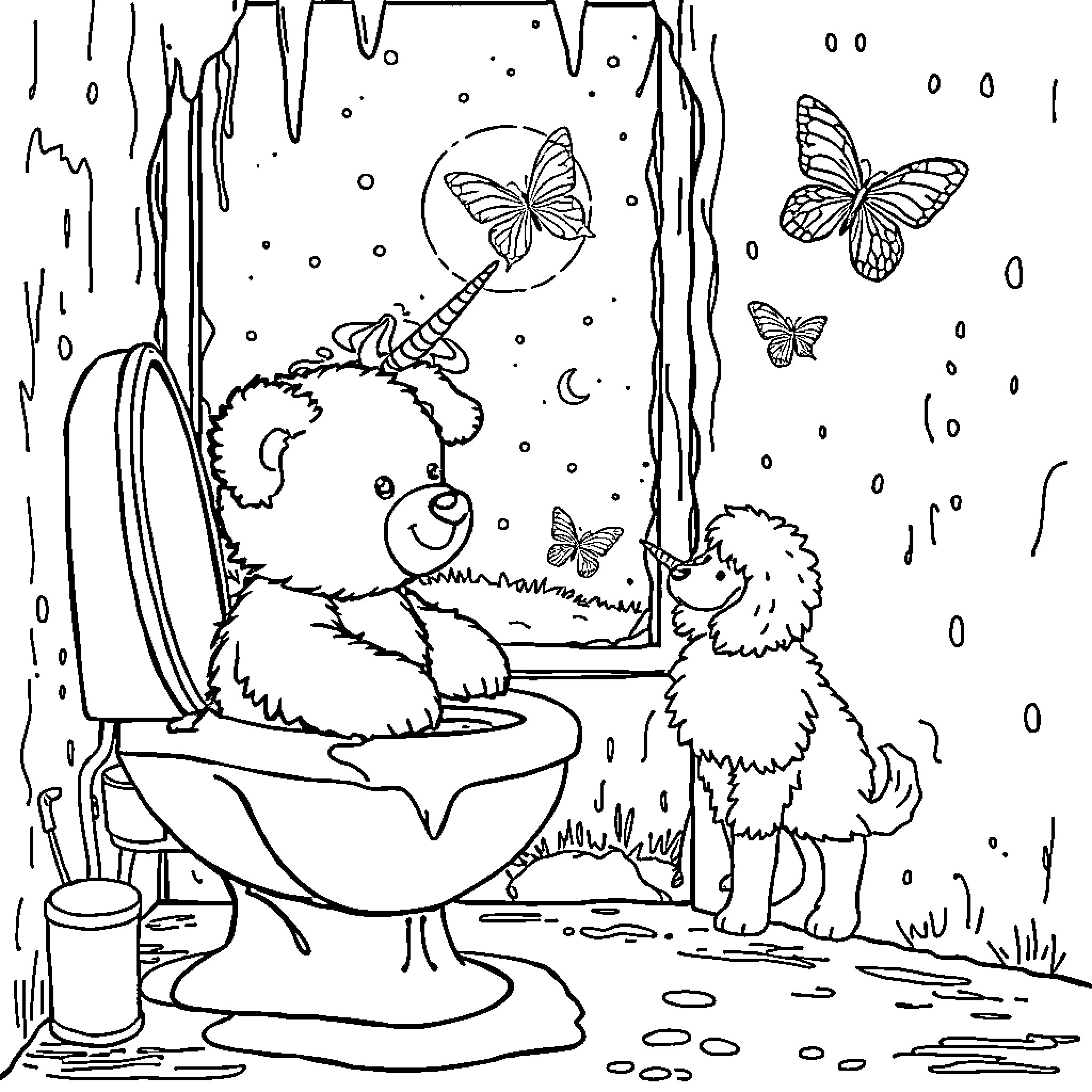 Teddy Bear Relaxing in Whimsical Outdoor Setting Coloring Page (free black-and-white line drawing printable PDF for all, from beginners to advanced learners, including children, teens, adults, and seniors)