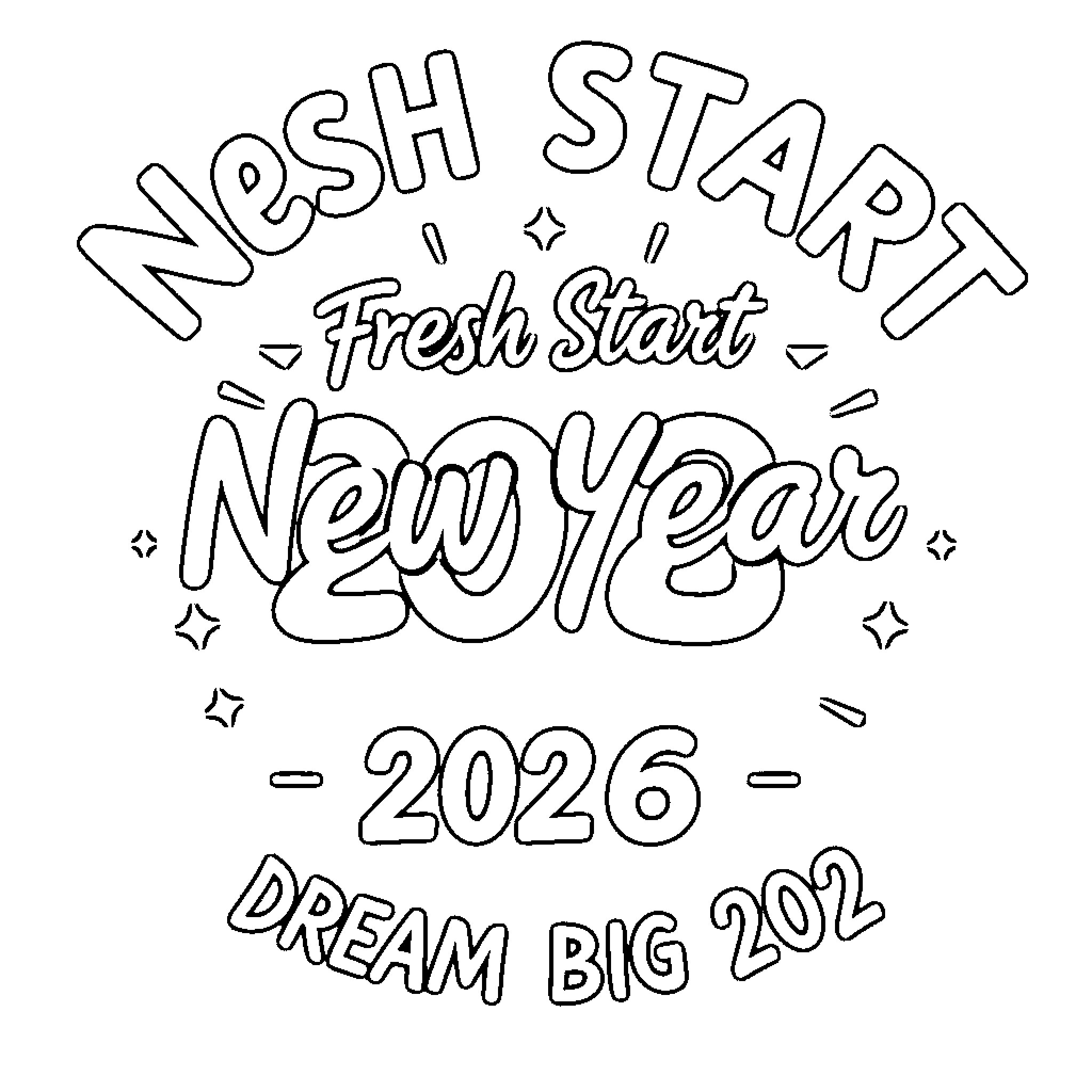 New Year Fresh Start for 2026: Dream Big 202 Coloring Page (free black-and-white line drawing printable PDF for all, from beginners to advanced learners, including children, teens, adults, and seniors)