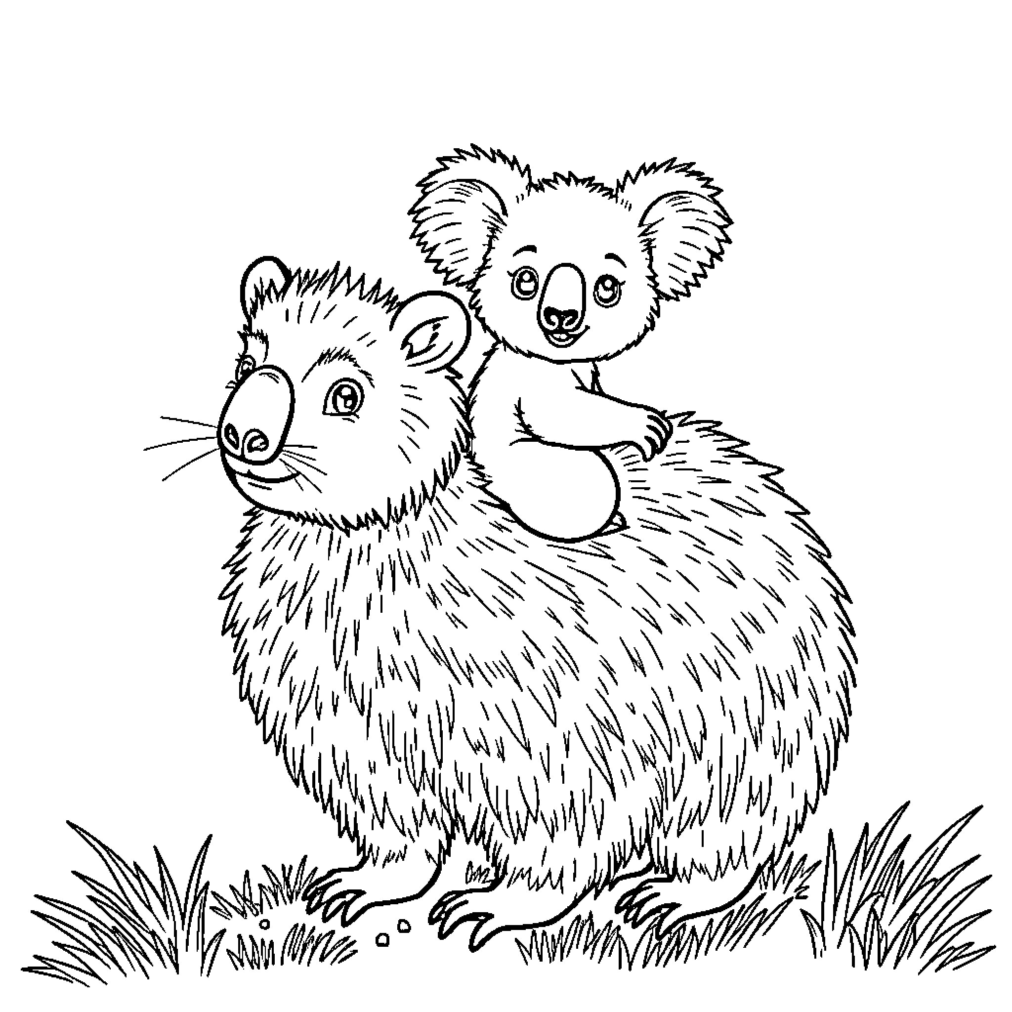 Koalas snuggling in the grass Coloring Page (free black-and-white line drawing printable PDF for all, from beginners to advanced learners, including children, teens, adults, and seniors)