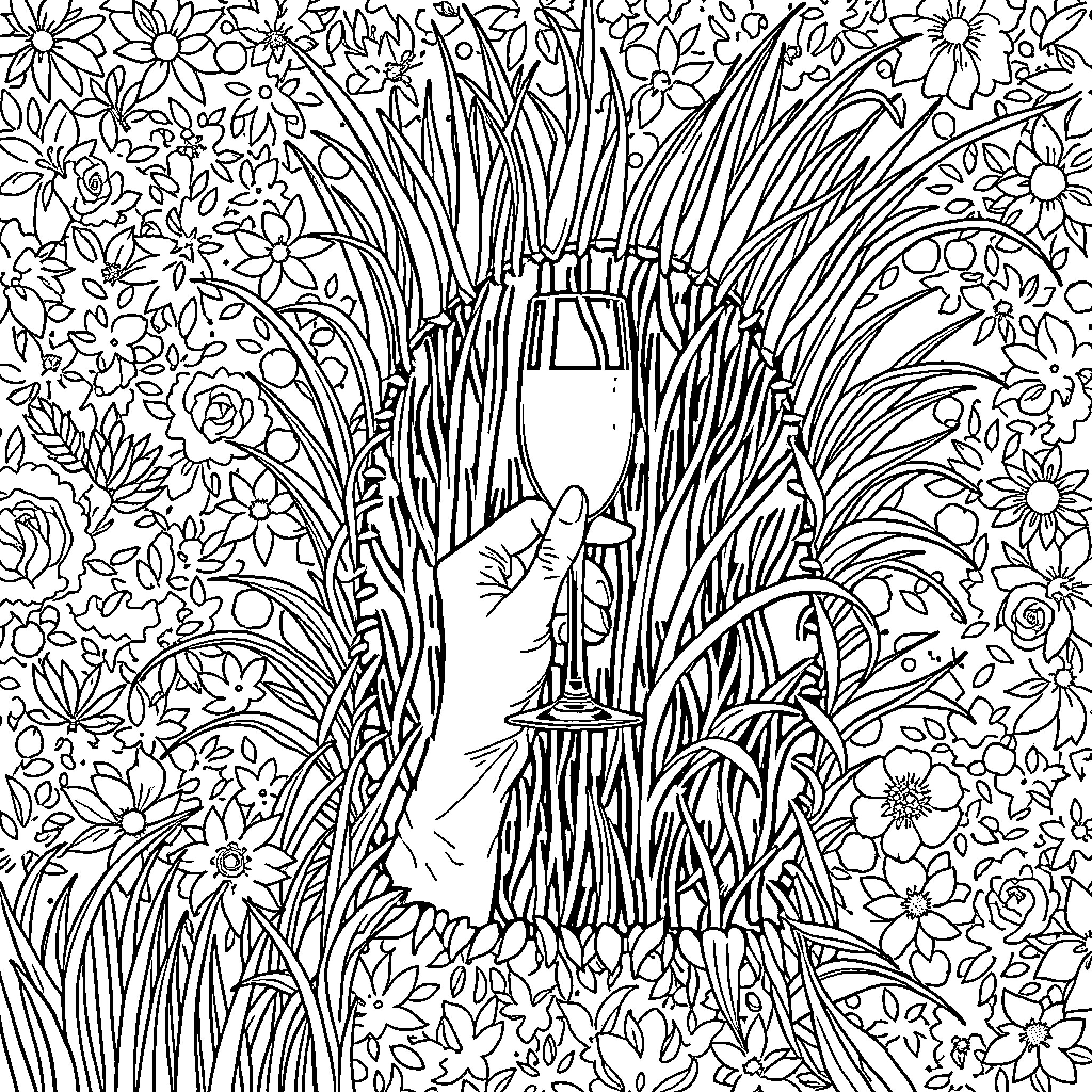Hand Emerging from Floral Garden Coloring Page (free black-and-white line drawing printable PDF for all, from beginners to advanced learners, including children, teens, adults, and seniors)