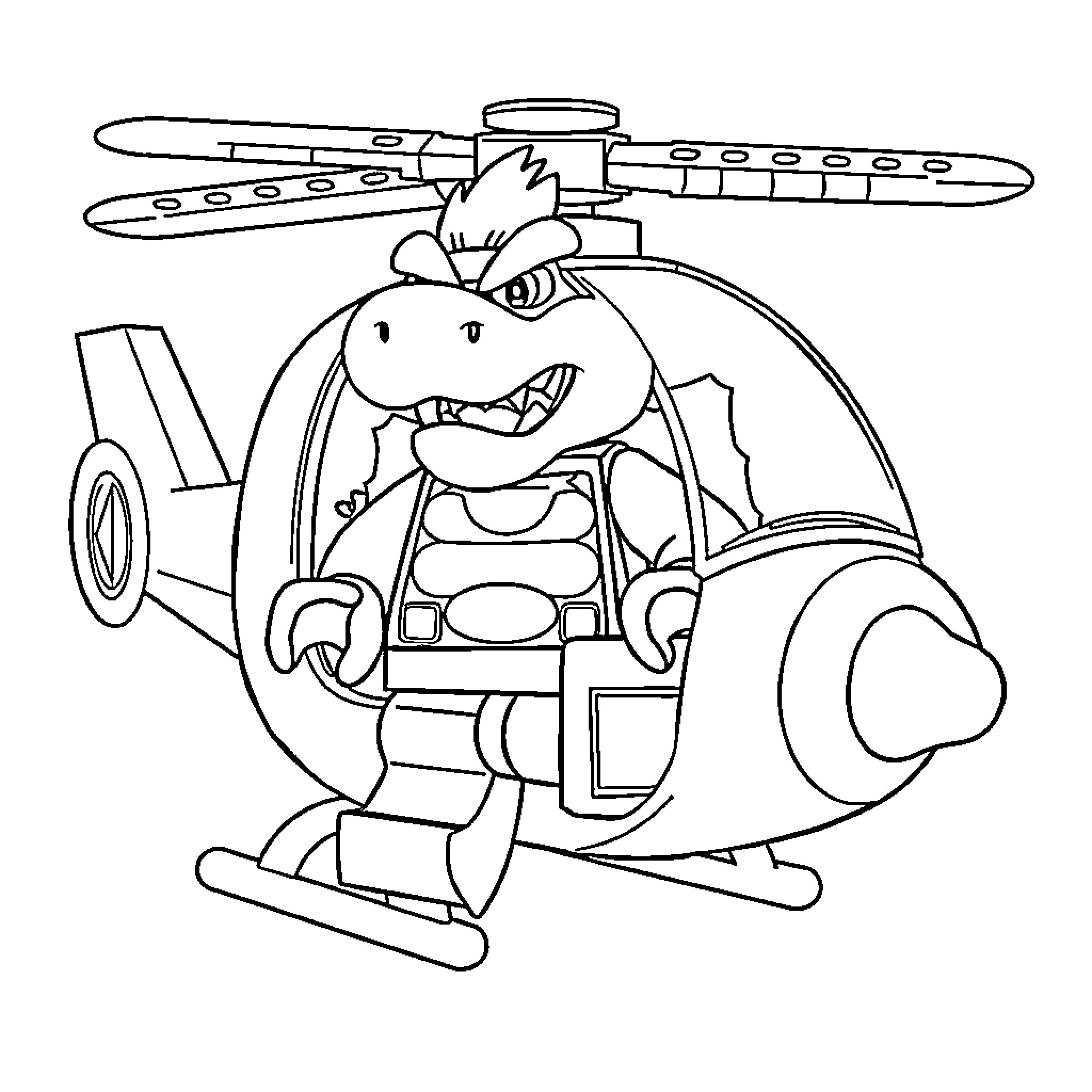 Bowser Jr. riding a helicopter with an amusing expression Coloring Page (free black-and-white line drawing printable PDF for all, from beginners to advanced learners, including children, teens, adults, and seniors)