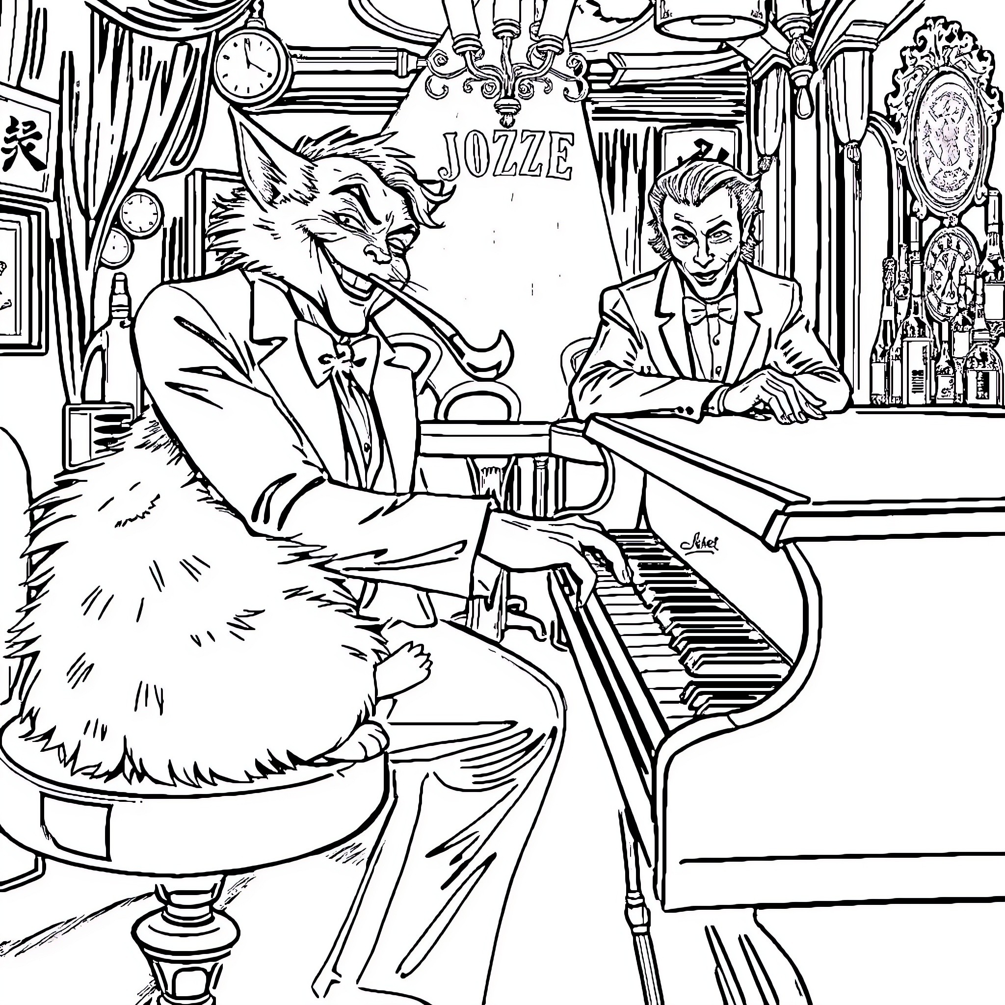 Cat Jazz Musicians Playing Piano at Club Coloring Page (free black-and-white line drawing printable PDF for all, from beginners to advanced learners, including children, teens, adults, and seniors)