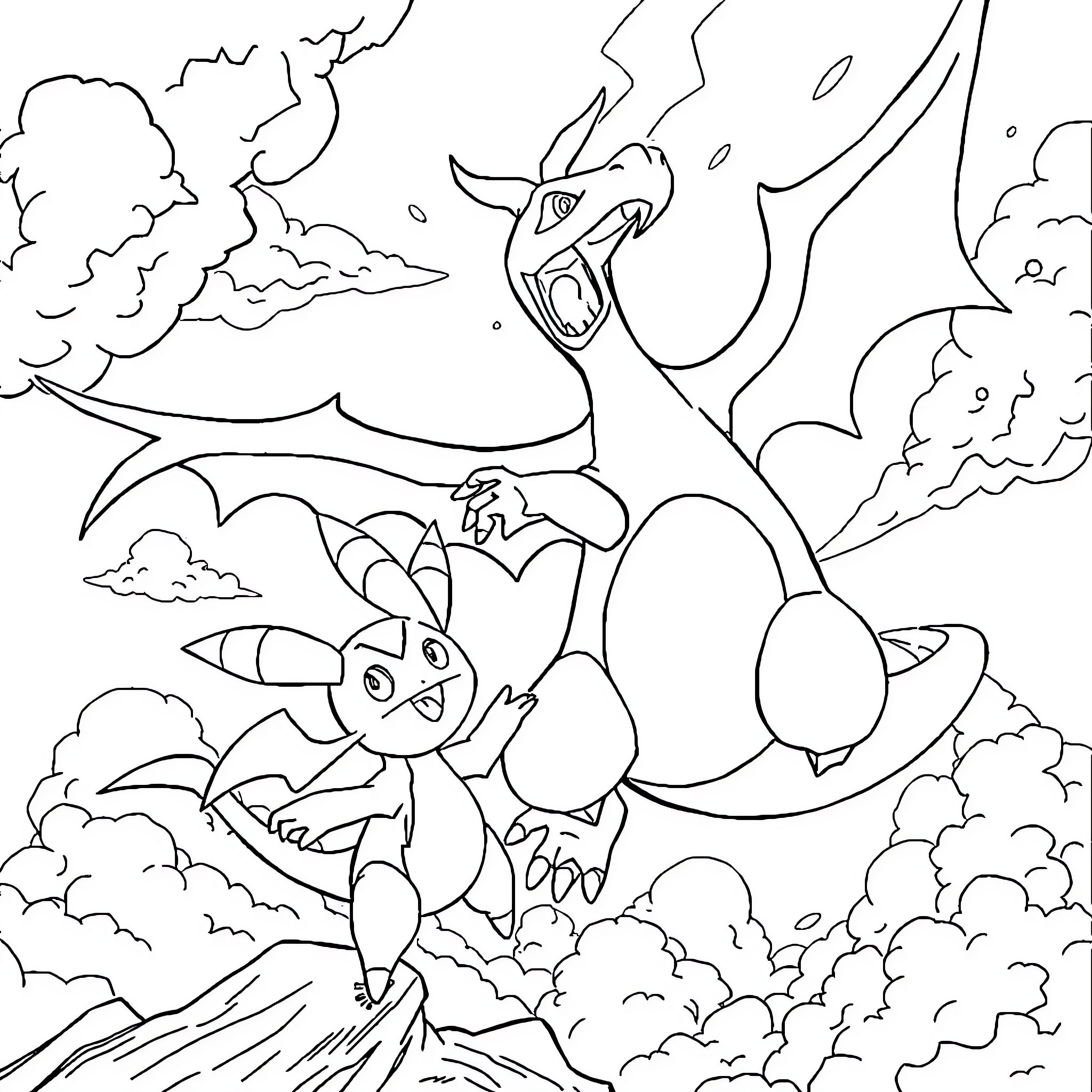 Charizard and Lucario battling fiercely in the sky Coloring Page (free black-and-white line drawing printable PDF for all, from beginners to advanced learners, including children, teens, adults, and seniors)