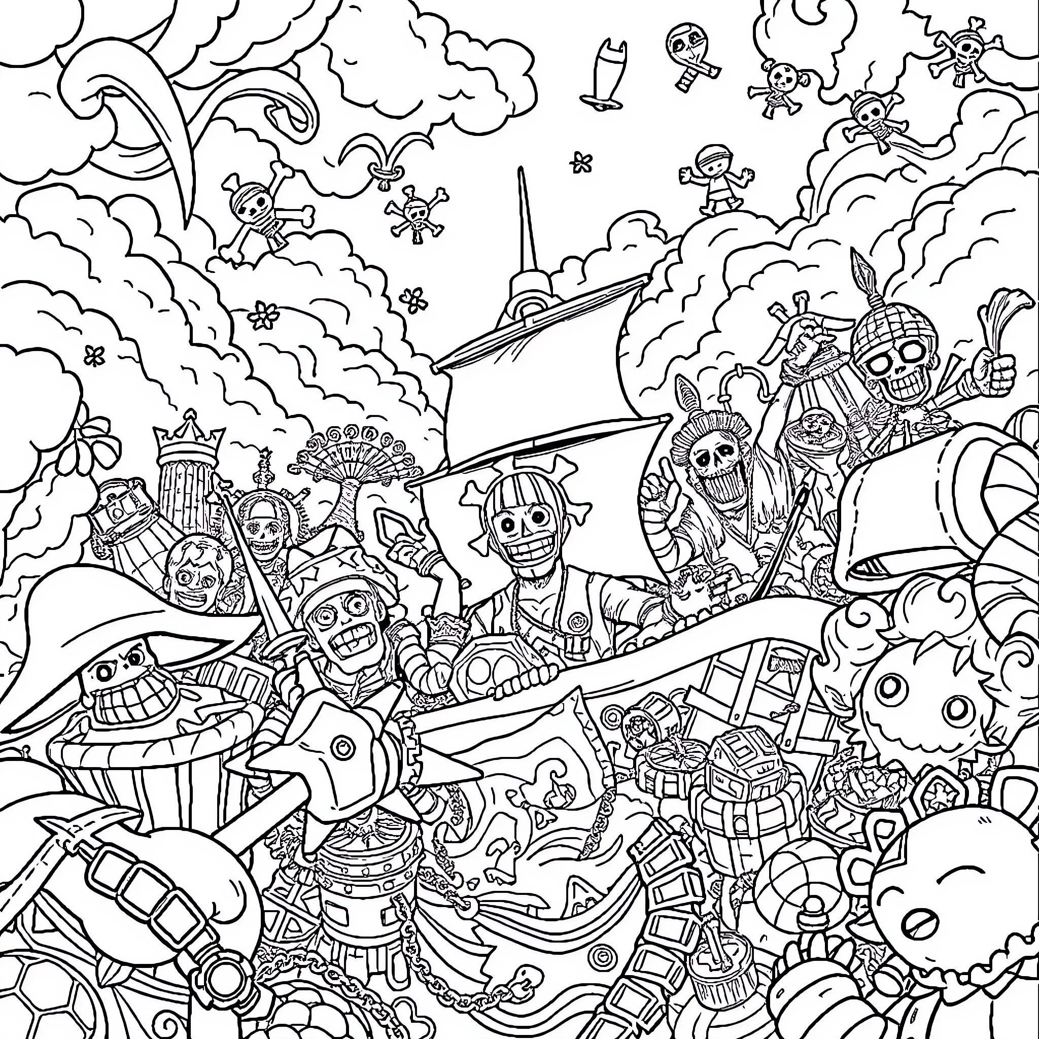 One Piece: Lively Adventure with Zany Characters Coloring Page (free black-and-white line drawing printable PDF for all, from beginners to advanced learners, including children, teens, adults, and seniors)