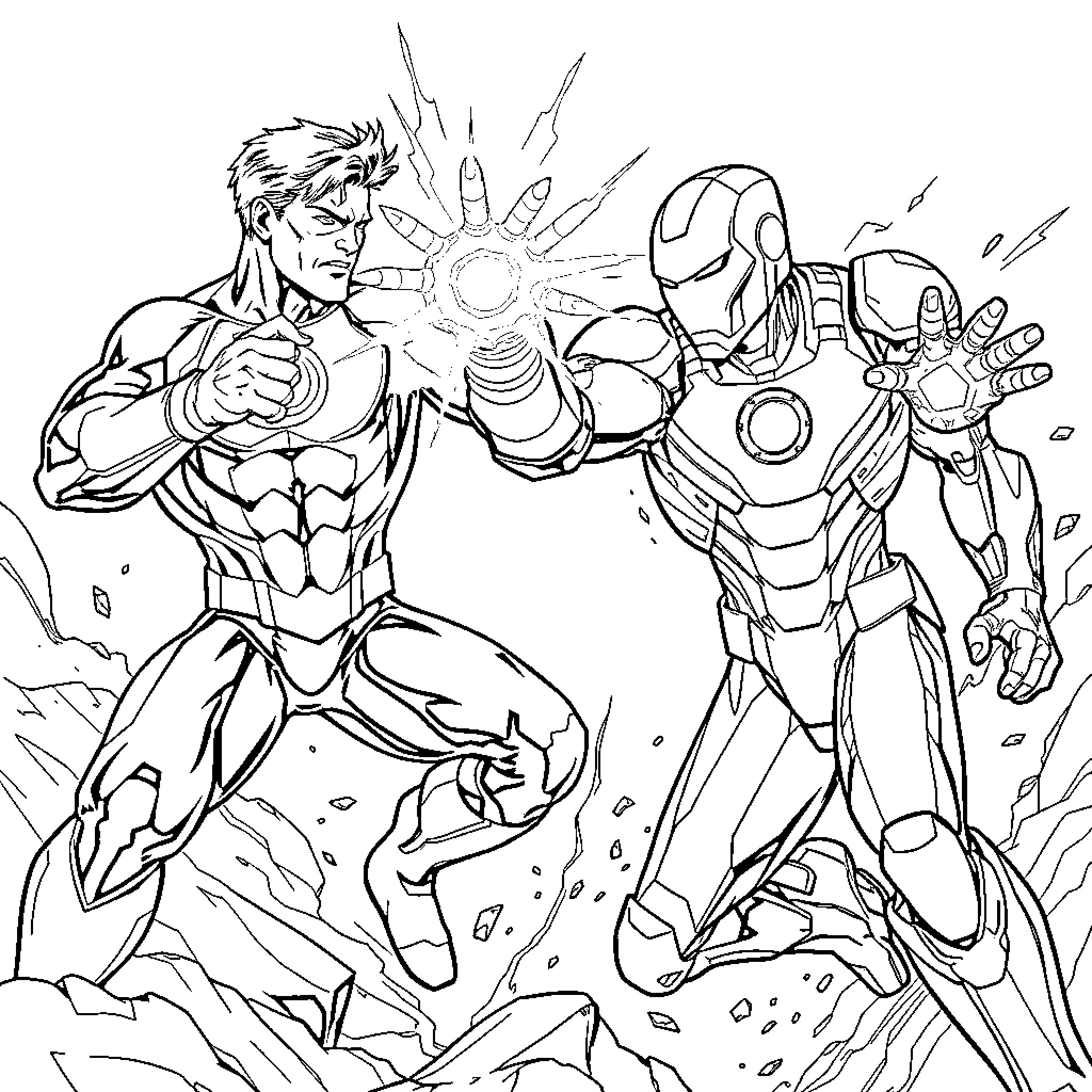 Green Lantern and Iron Man heroic clash Coloring Page (free black-and-white line drawing printable PDF for all, from beginners to advanced learners, including children, teens, adults, and seniors)