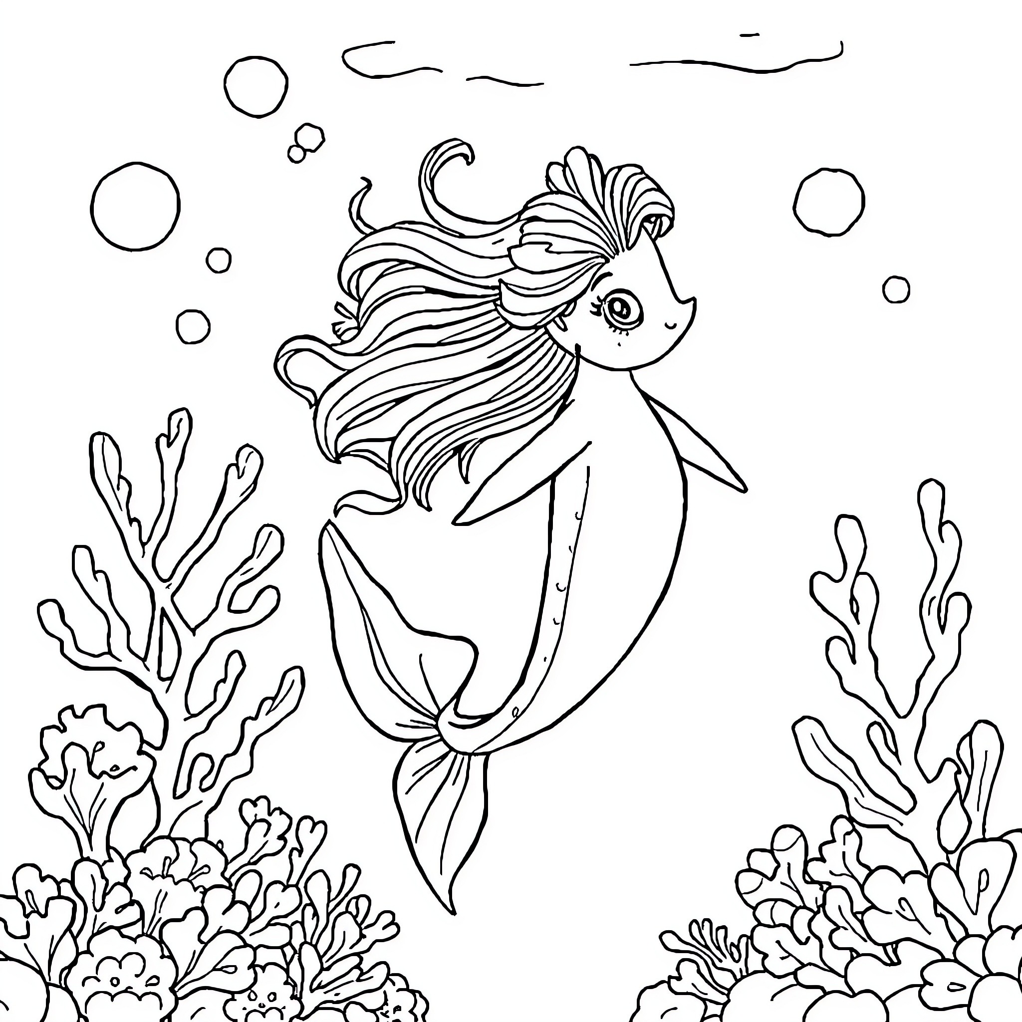 Mermaid swimming joyfully among coral and bubbles Coloring Page (free black-and-white line drawing printable PDF for all, from beginners to advanced learners, including children, teens, adults, and seniors)