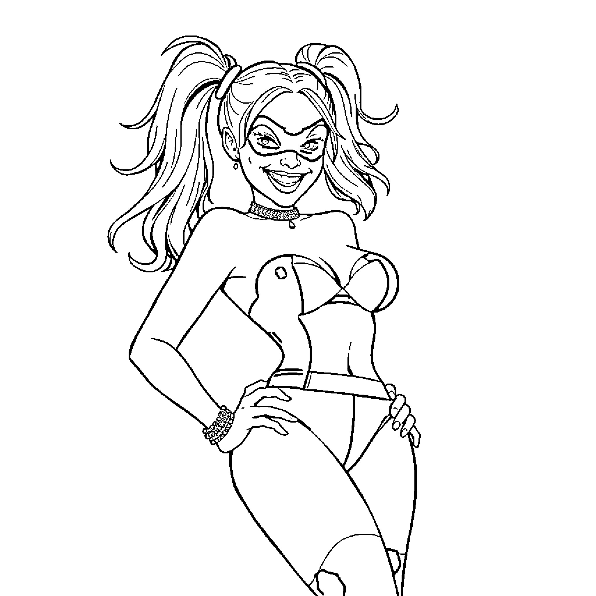 Harley Quinn in a confident and alluring pose Coloring Page (free black-and-white line drawing printable PDF for all, from beginners to advanced learners, including children, teens, adults, and seniors)