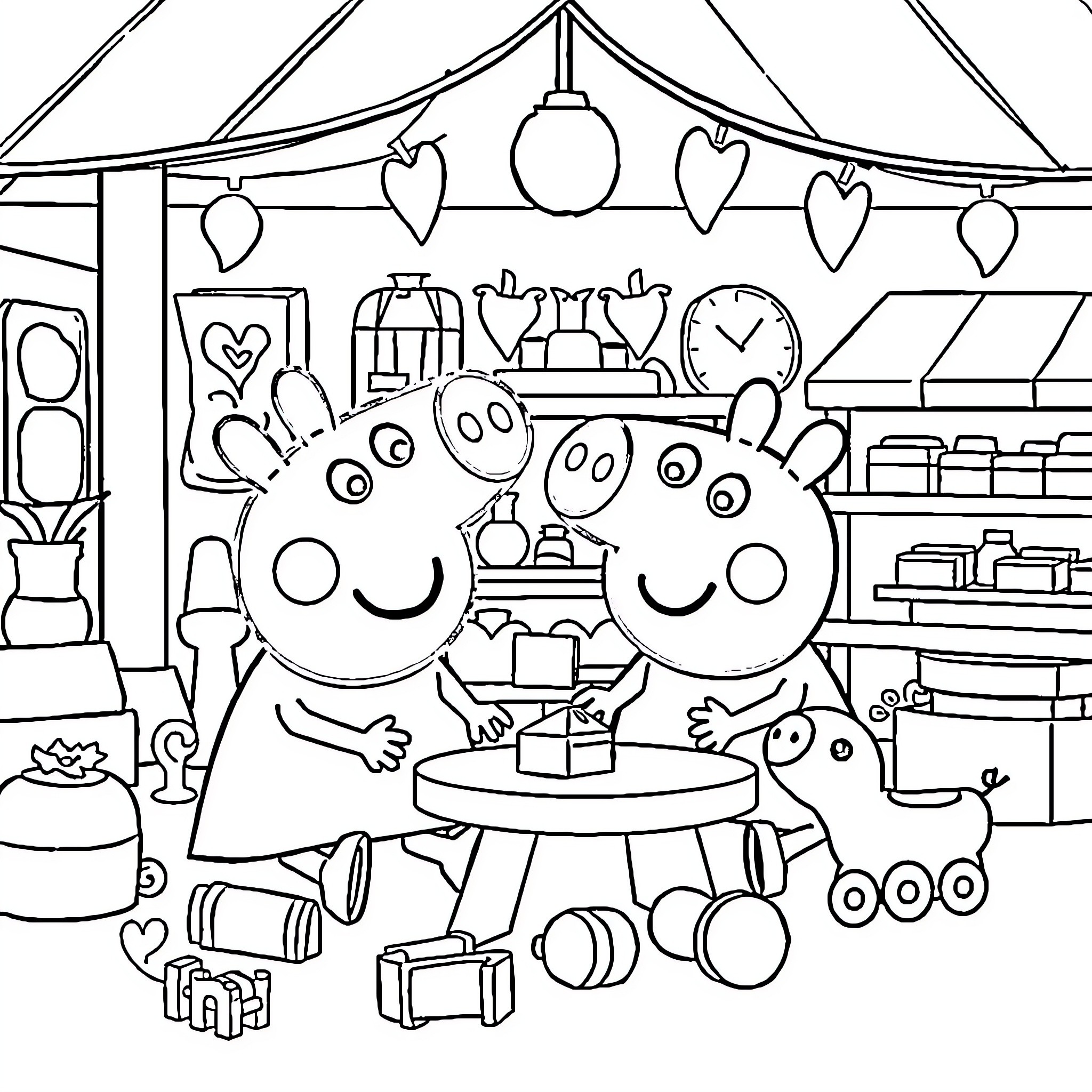 Pig characters in a whimsical gift shop setting Coloring Page (free black-and-white line drawing printable PDF for all, from beginners to advanced learners, including children, teens, adults, and seniors)