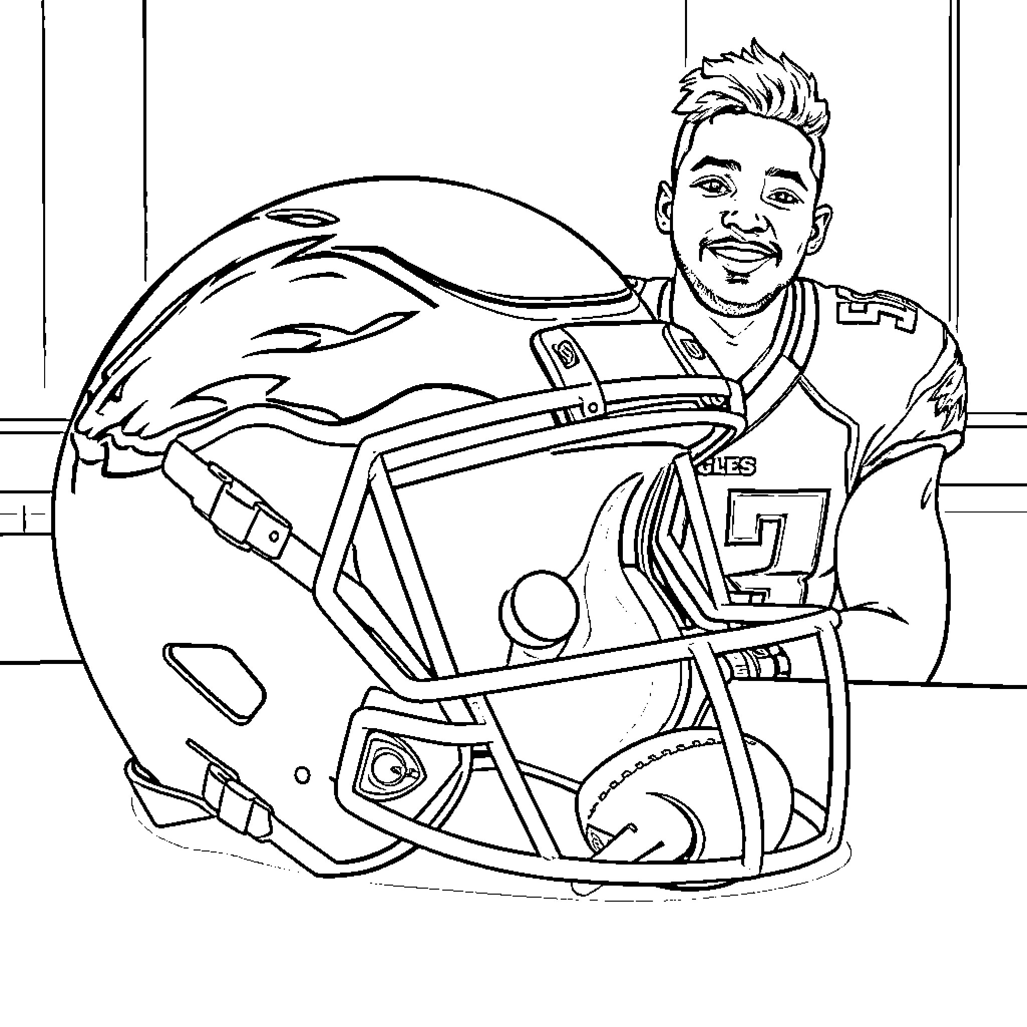 Philadelphia Eagles player with uniform and helmet Coloring Page (free black-and-white line drawing printable PDF for all, from beginners to advanced learners, including children, teens, adults, and seniors)