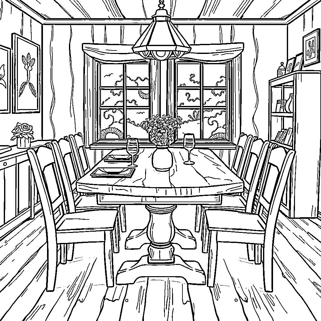 Table set for a cozy dinner in a rustic room Coloring Page (free black-and-white line drawing printable PDF for all, from beginners to advanced learners, including children, teens, adults, and seniors)