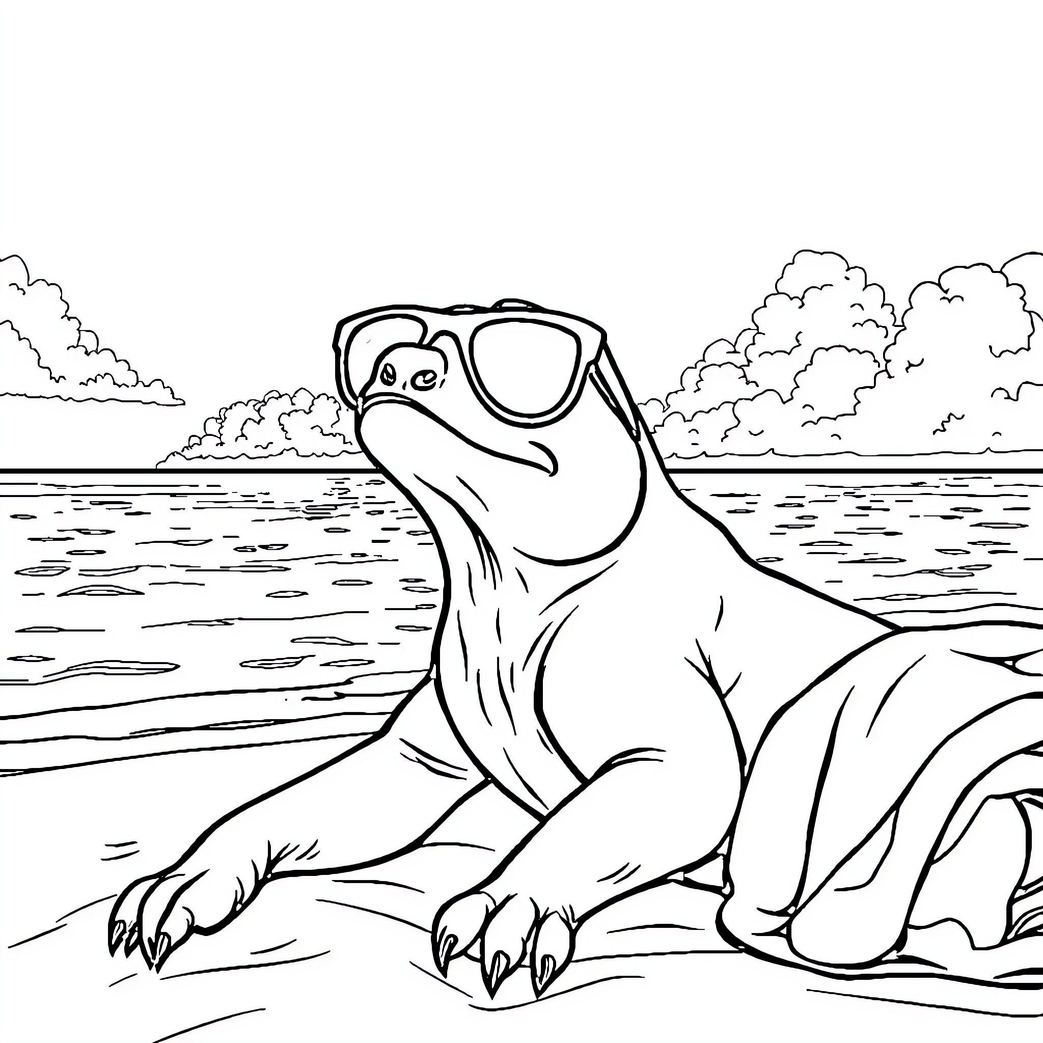 Charran's friendly encounter by the serene lake Coloring Page (free black-and-white line drawing printable PDF for all, from beginners to advanced learners, including children, teens, adults, and seniors)