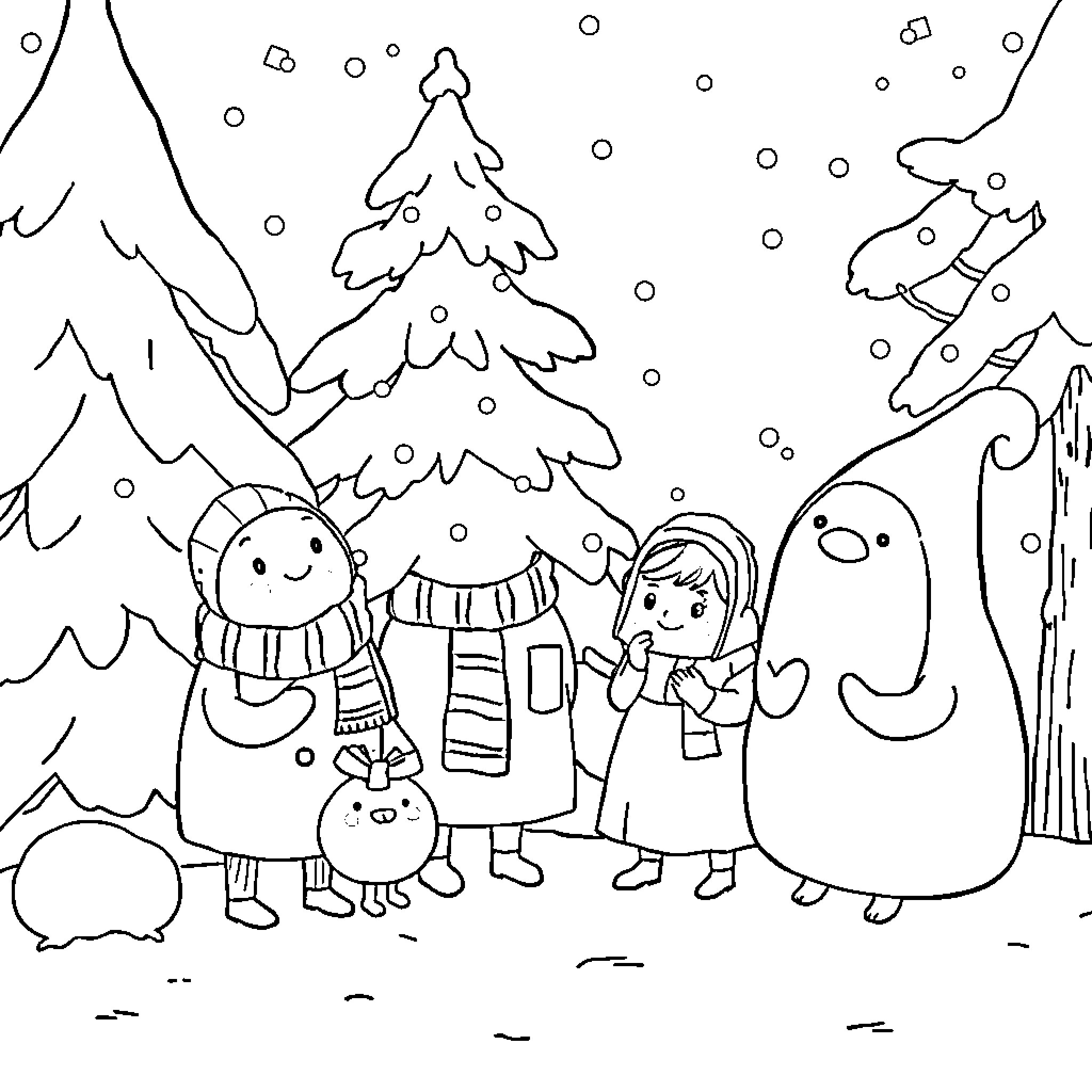 Over the Garden Wall: Friends Explore Snowy Winter Wonderland Coloring Page (free black-and-white line drawing printable PDF for all, from beginners to advanced learners, including children, teens, adults, and seniors)