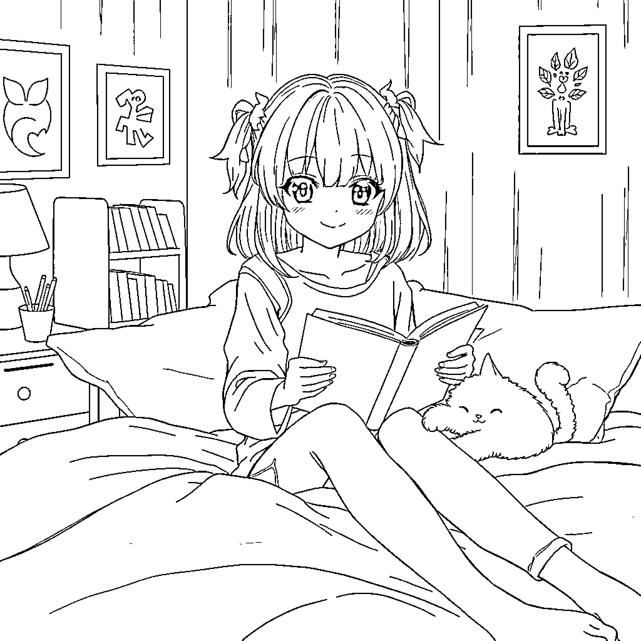 Anime Girl Reading a Book in Cozy Room Coloring Page (free black-and-white line drawing printable PDF for all, from beginners to advanced learners, including children, teens, adults, and seniors)