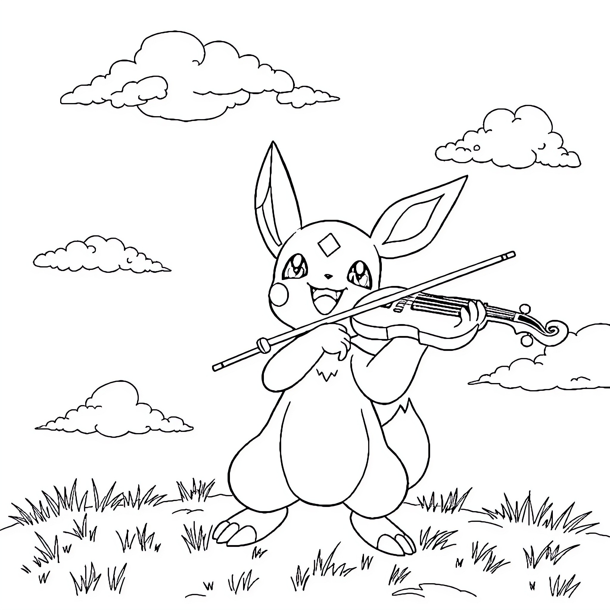 Pokémon rabbit playing violin in the field Coloring Page (free black-and-white line drawing printable PDF for all, from beginners to advanced learners, including children, teens, adults, and seniors)