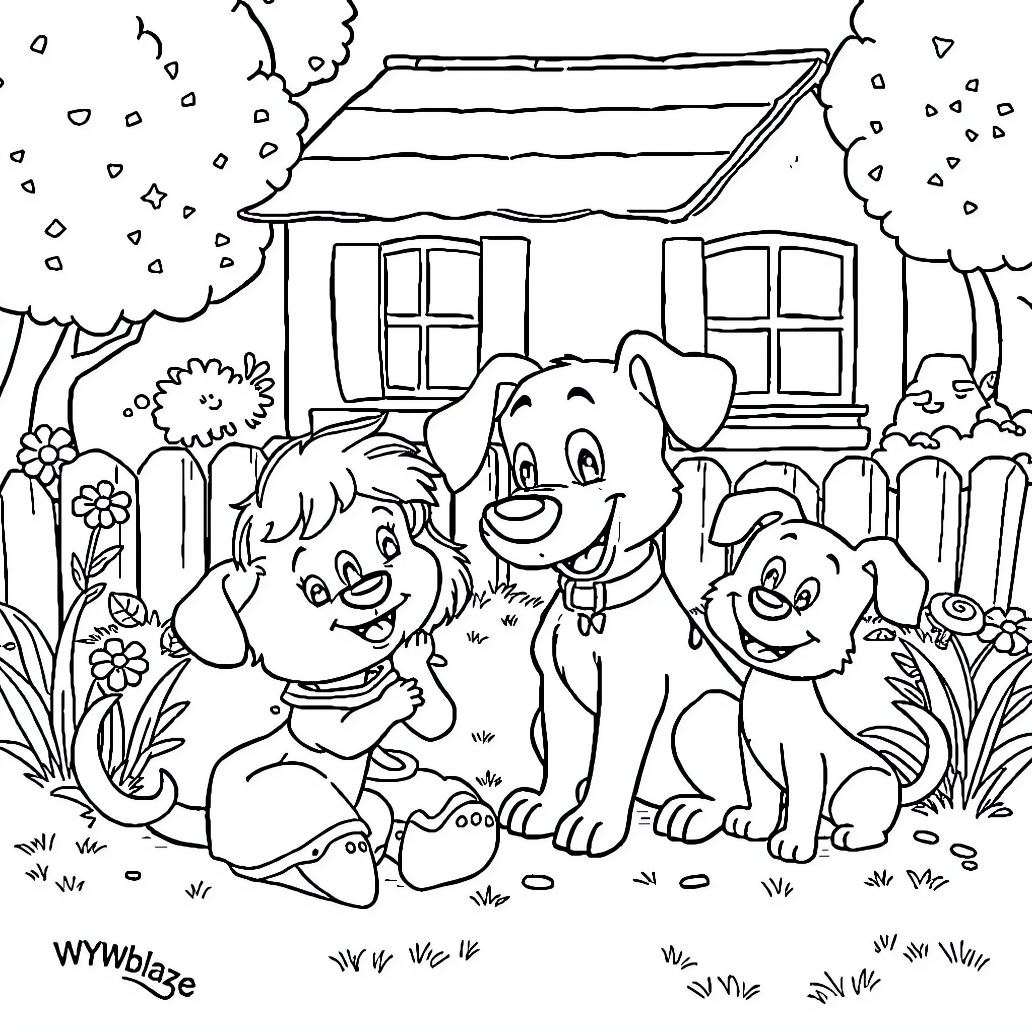 Bluey and friends playing in the backyard Coloring Page (free black-and-white line drawing printable PDF for all, from beginners to advanced learners, including children, teens, adults, and seniors)