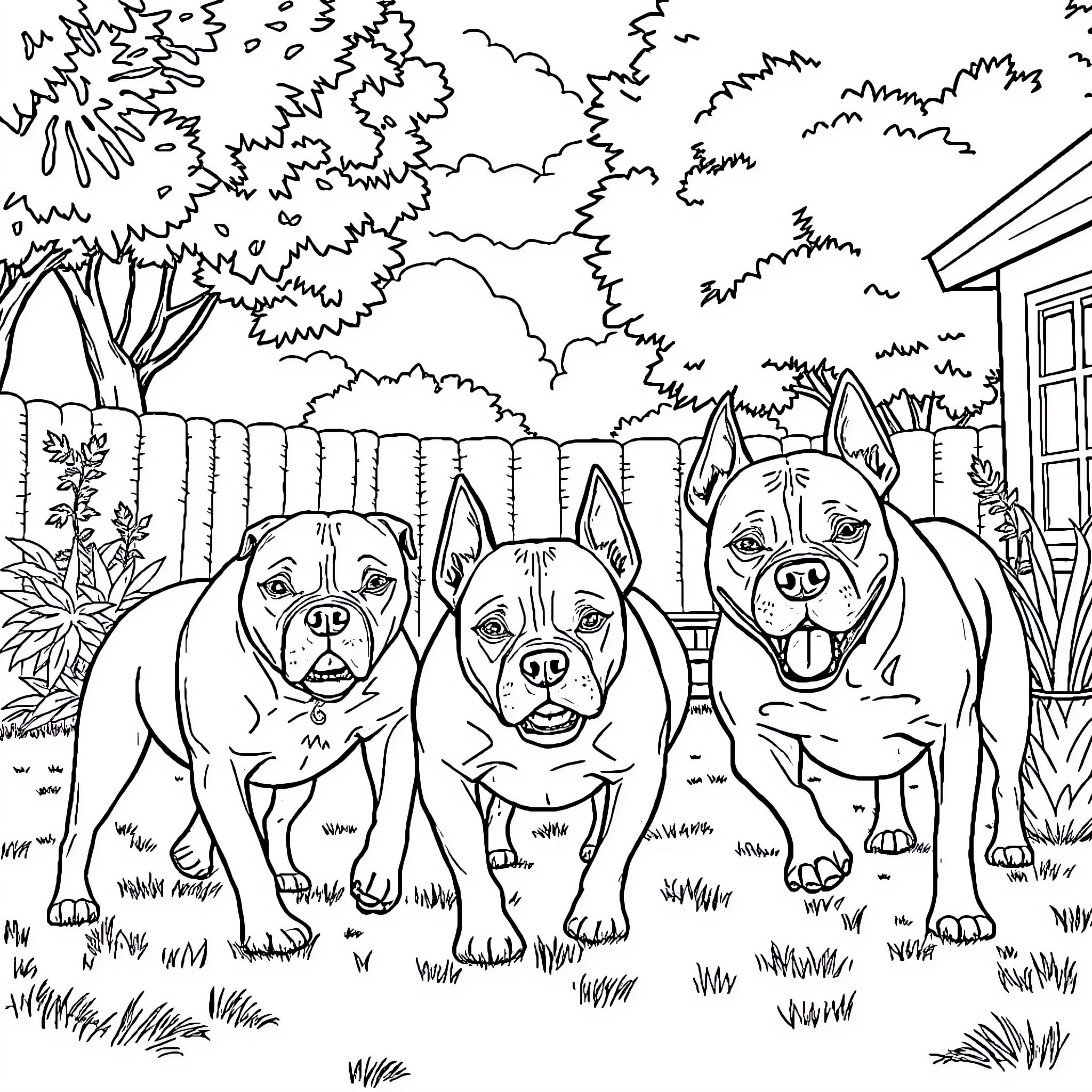 Pitbull Trio Enjoying Outdoor Adventure Coloring Page (free black-and-white line drawing printable PDF for all, from beginners to advanced learners, including children, teens, adults, and seniors)