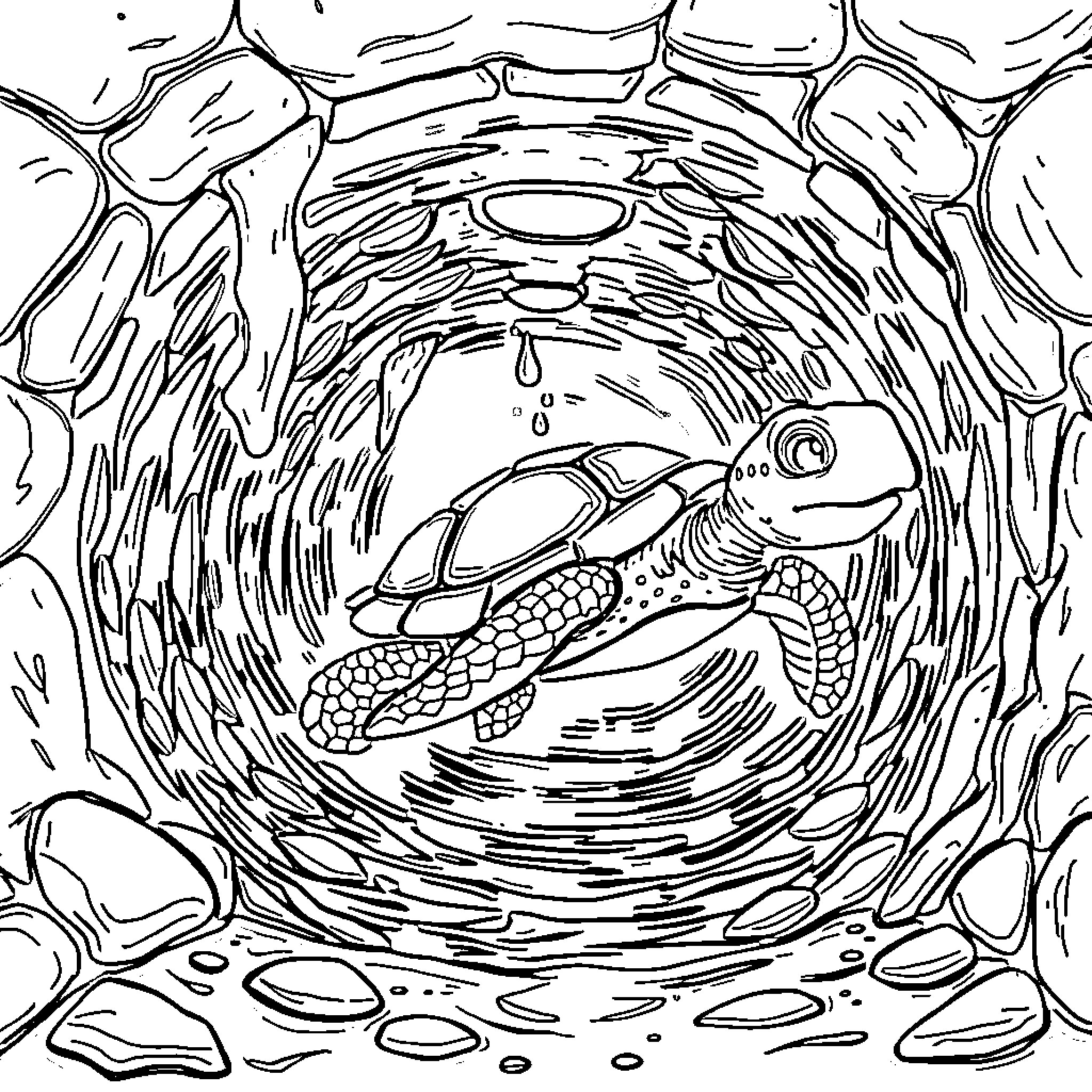 Turtle swimming through an underwater tunnel Coloring Page (free black-and-white line drawing printable PDF for all, from beginners to advanced learners, including children, teens, adults, and seniors)