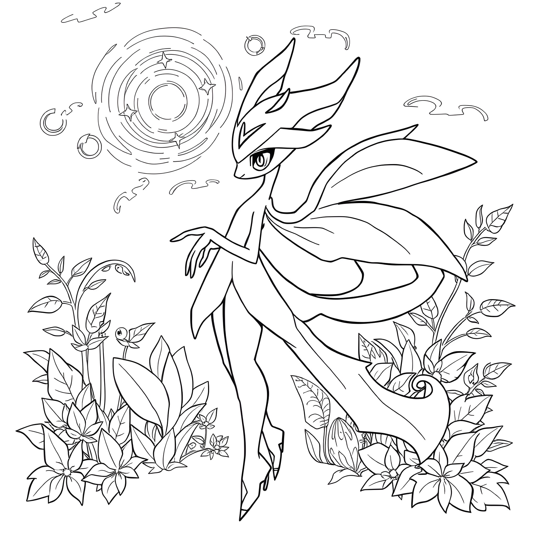 Gardevoir in a whimsical floral scene Coloring Page (free black-and-white line drawing printable PDF for all, from beginners to advanced learners, including children, teens, adults, and seniors)