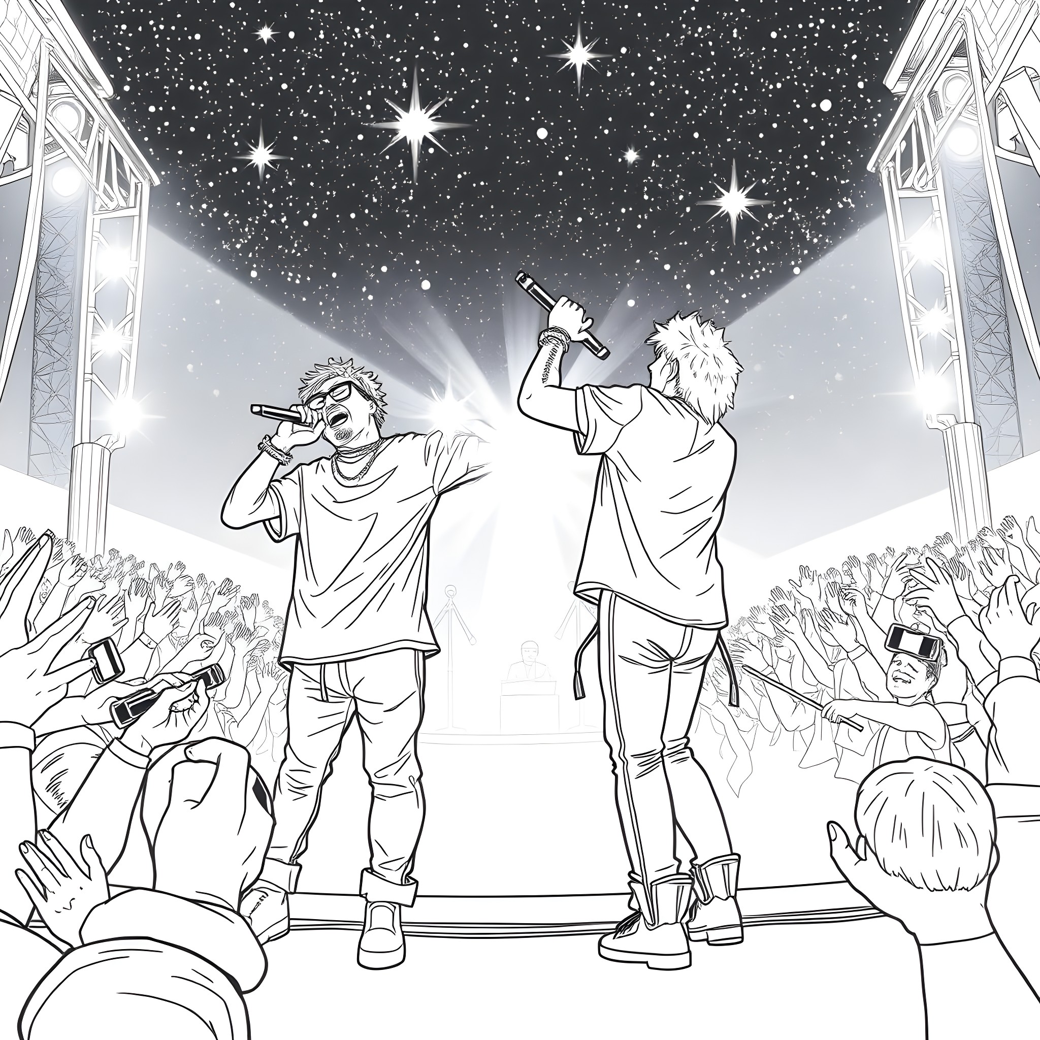 Xxxtentacion performing on stage with crowd Coloring Page (free black-and-white line drawing printable PDF for all, from beginners to advanced learners, including children, teens, adults, and seniors)